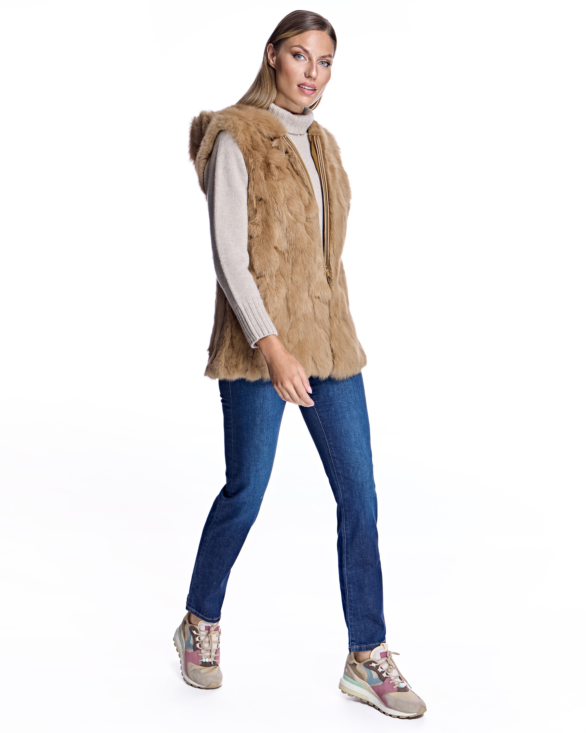 Colete em Pelo de Coelho com Fecho Zip Camel-4