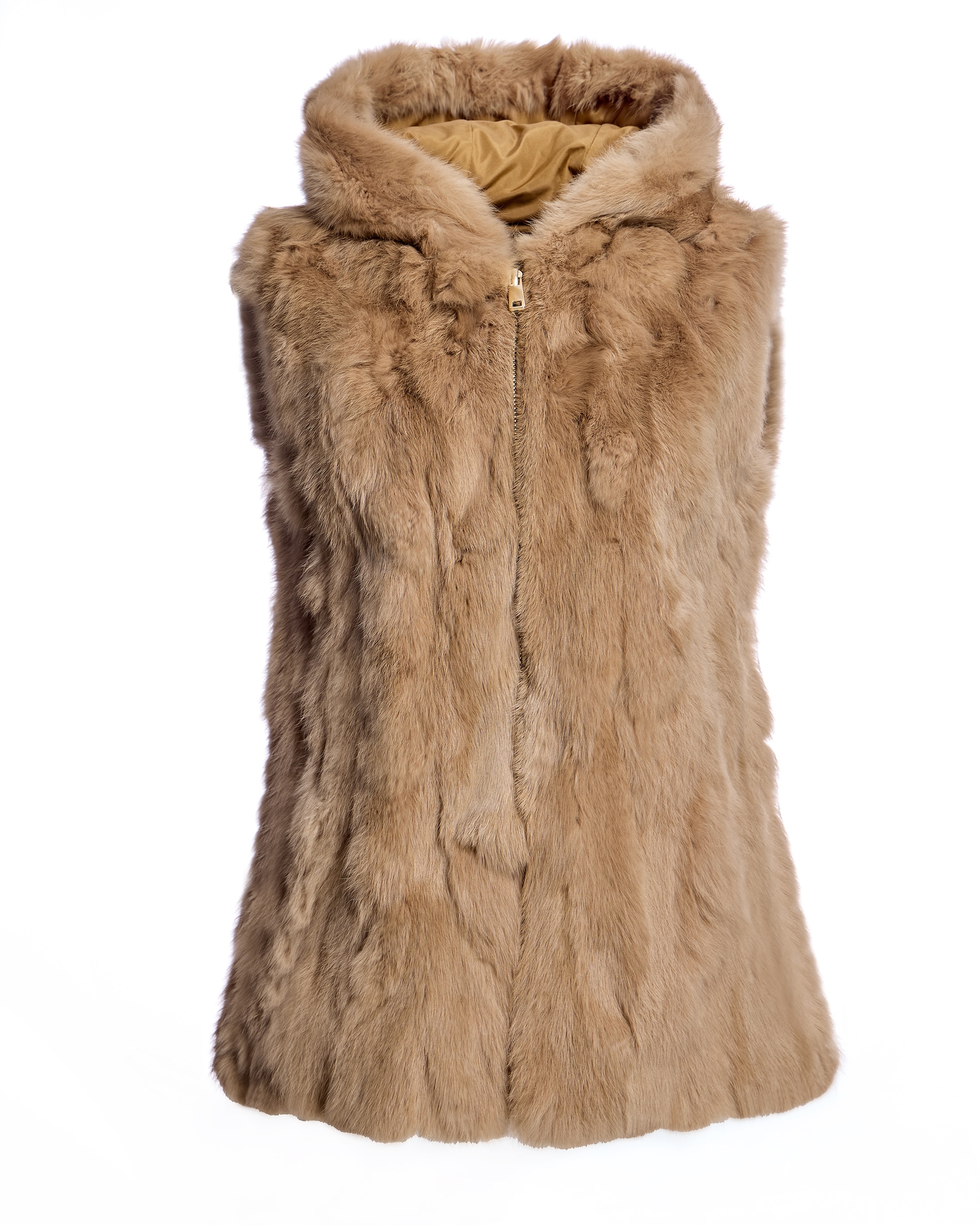 Colete em Pelo de Coelho com Fecho Zip Camel-5