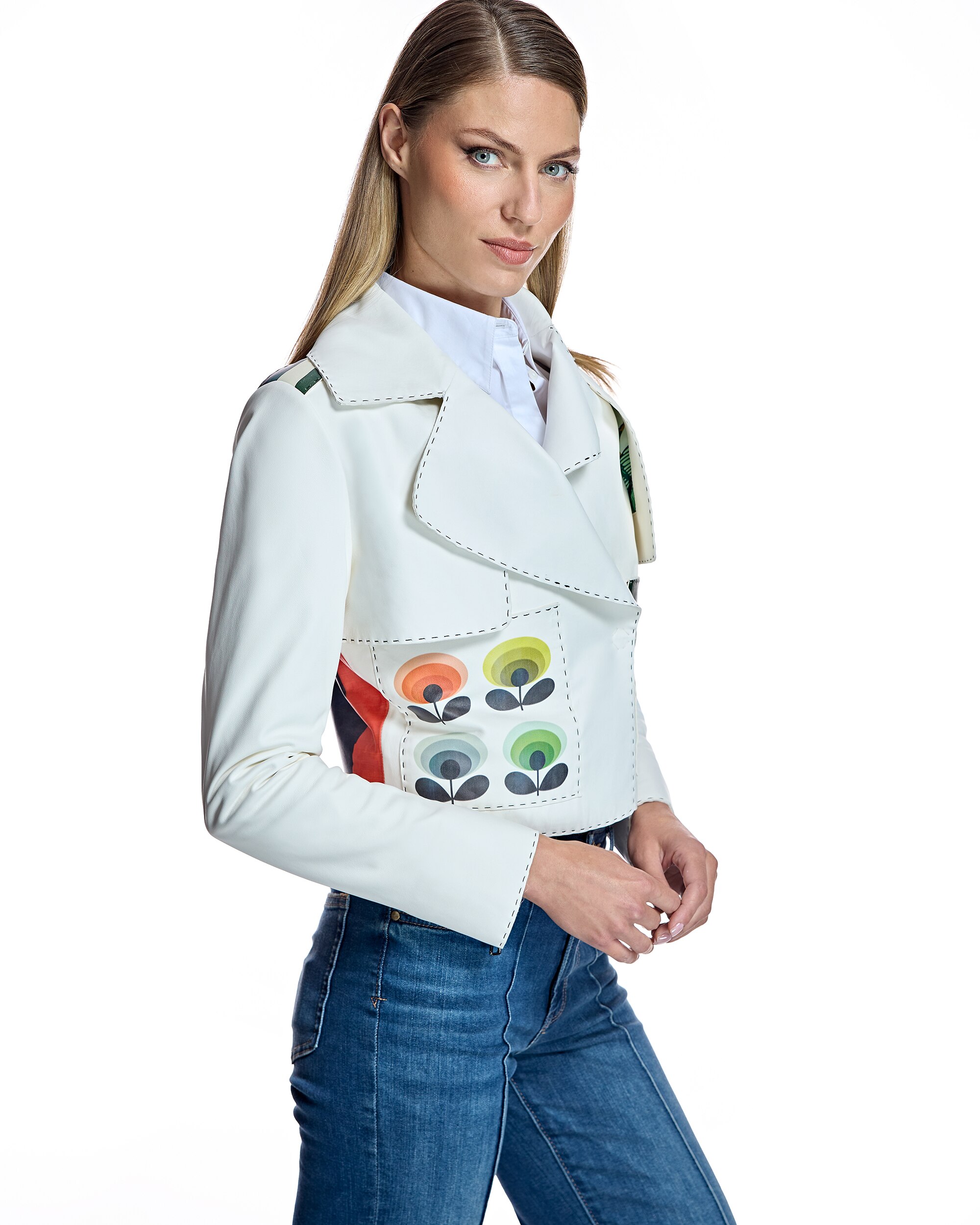 Blusão de Pele com Bolsos Plaqué Impressos Branco / Verde-2