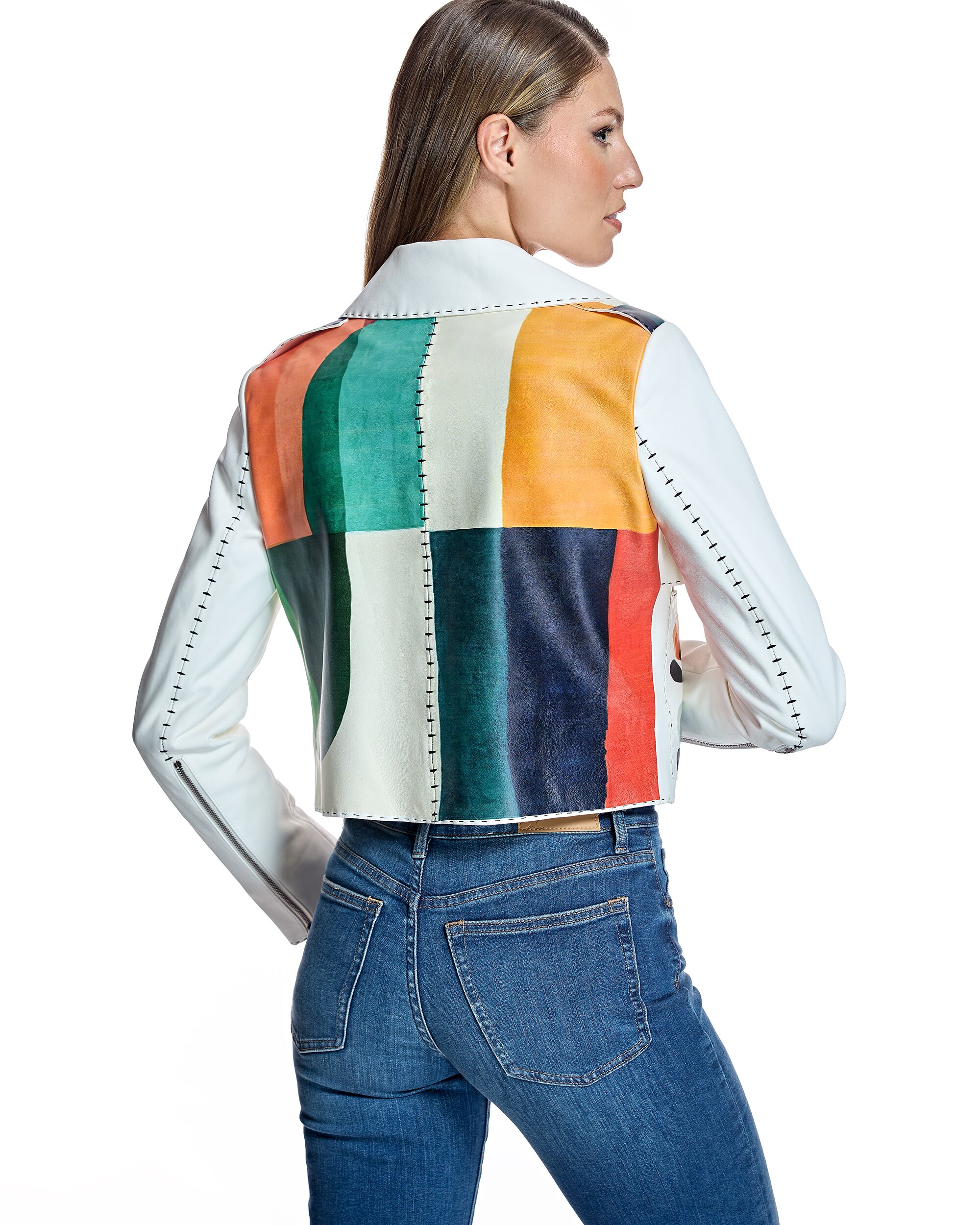 Blusão de Pele com Bolsos Plaqué Impressos Branco / Verde-3