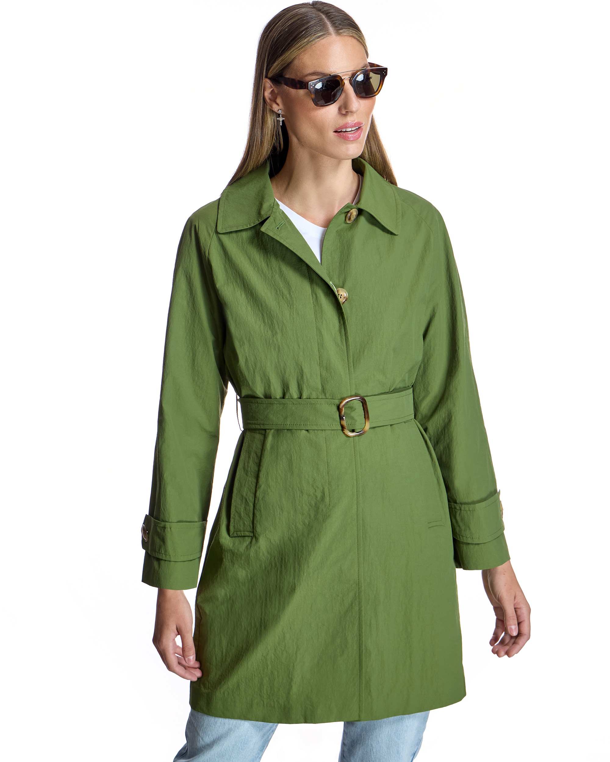 Trench Midi com Gola Tipo Camisa e Cinto Verde Azeitona-1