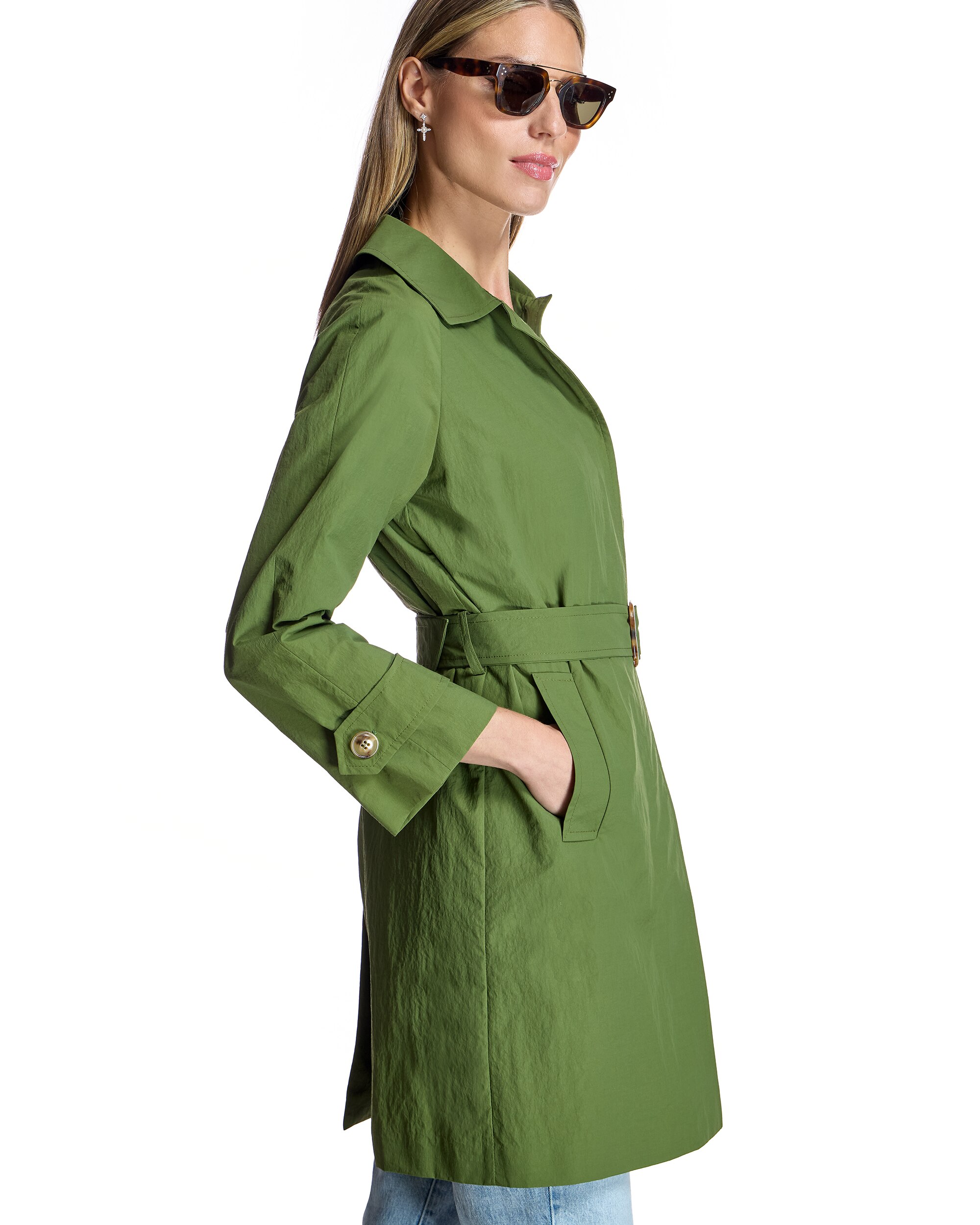 Trench Midi com Gola Tipo Camisa e Cinto Verde Azeitona-2