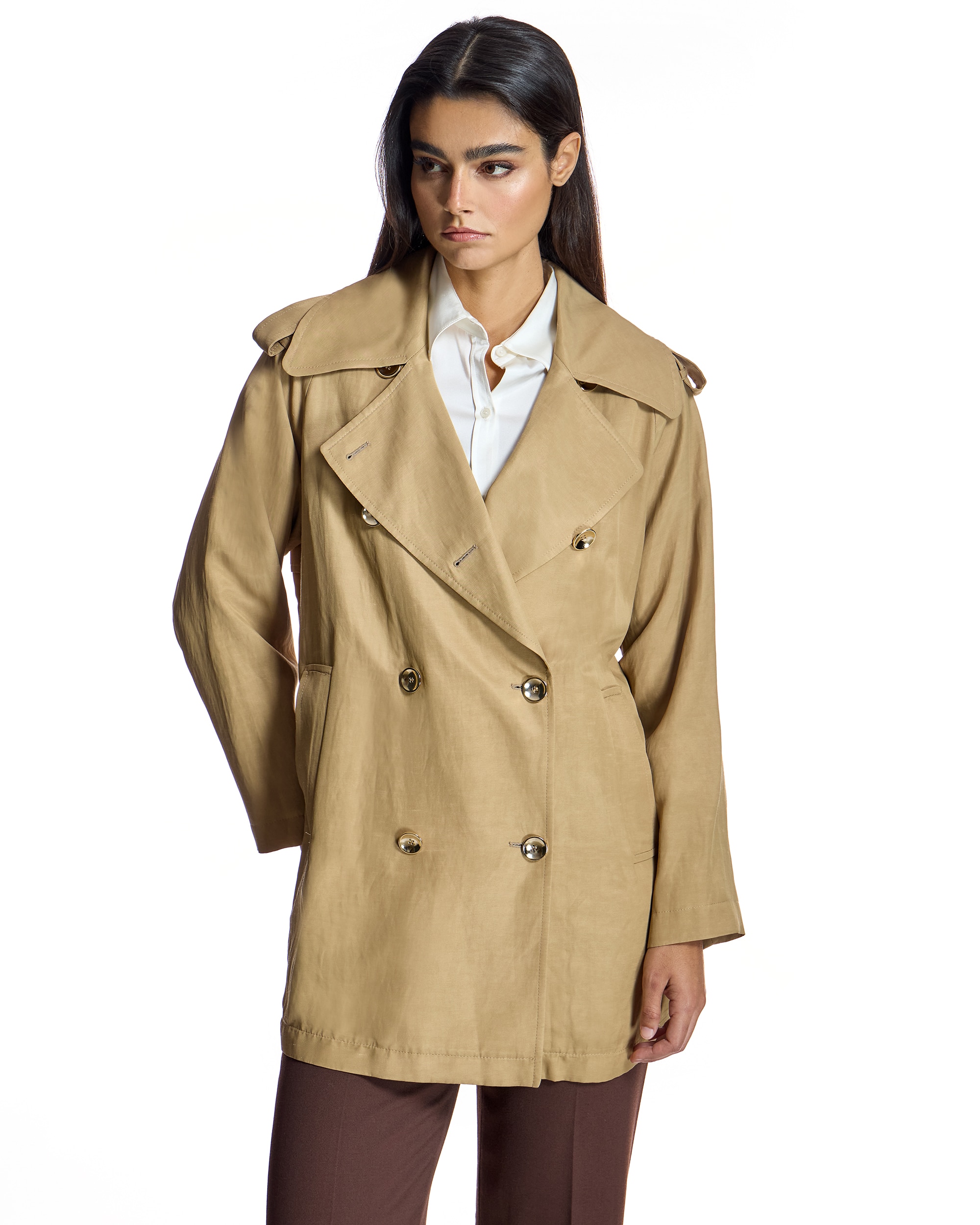 Trench Midi com Gola Lapela e Botões Duplos Camel-1