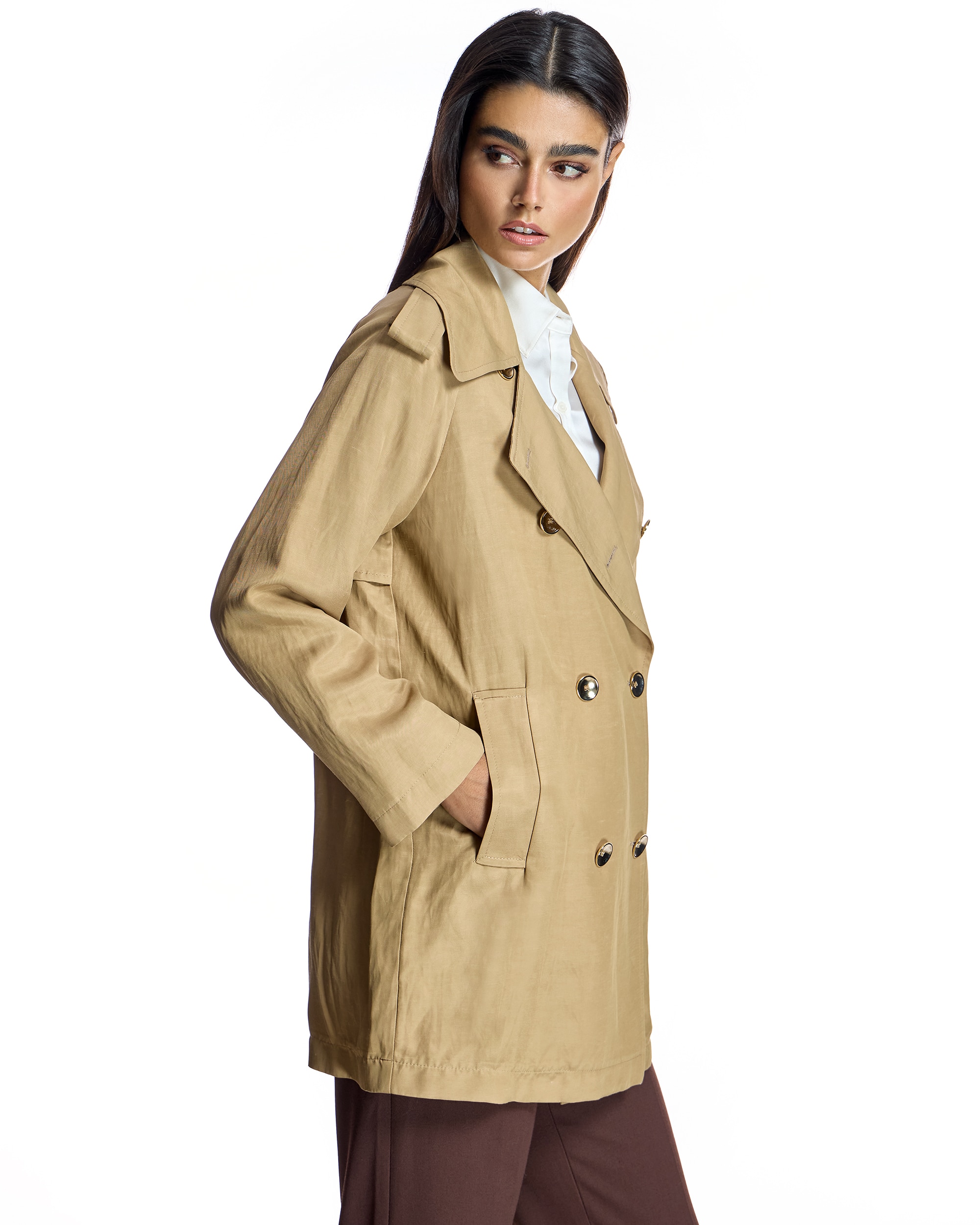 Trench Midi com Gola Lapela e Botões Duplos Camel-2