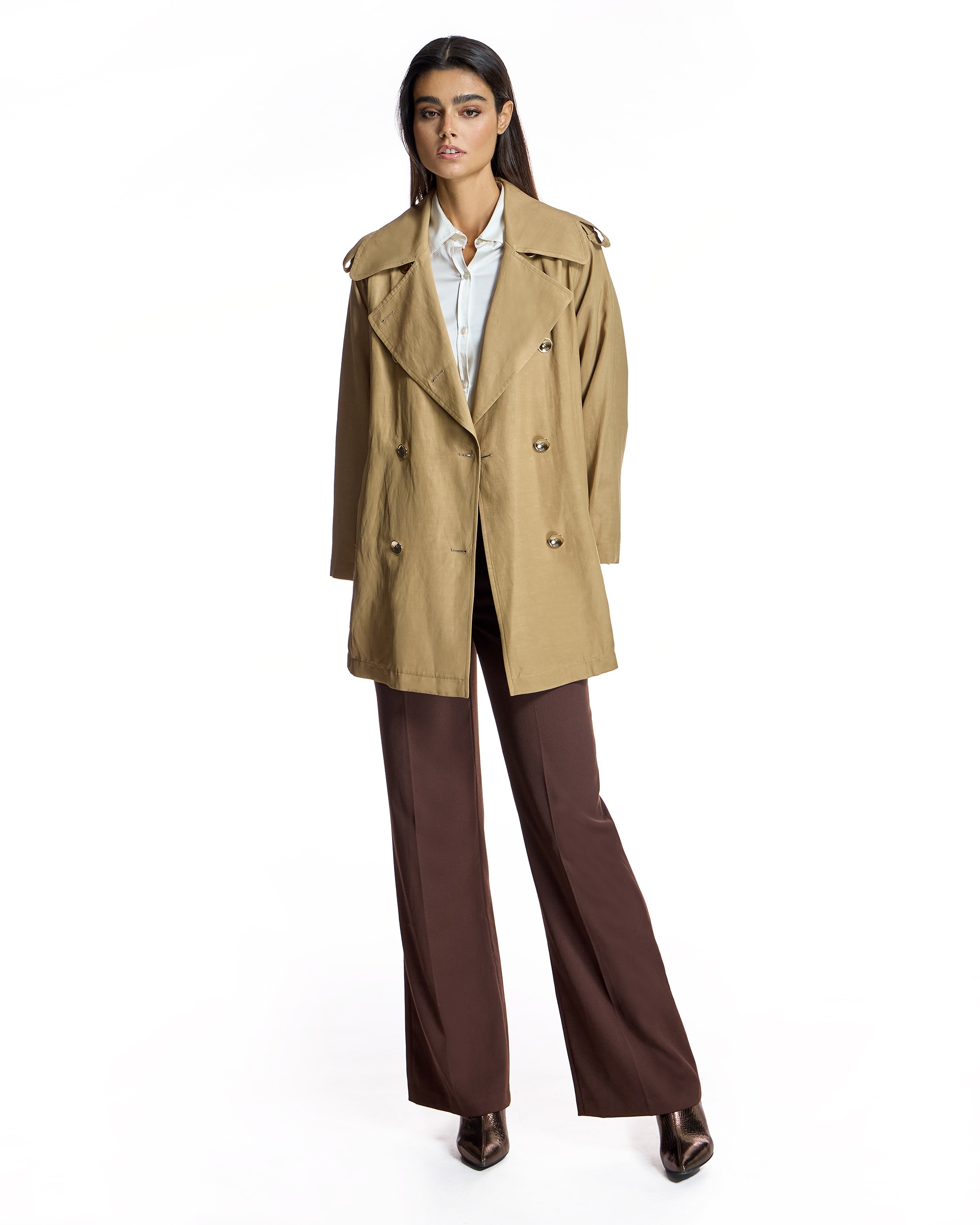 Trench Midi com Gola Lapela e Botões Duplos Camel-4