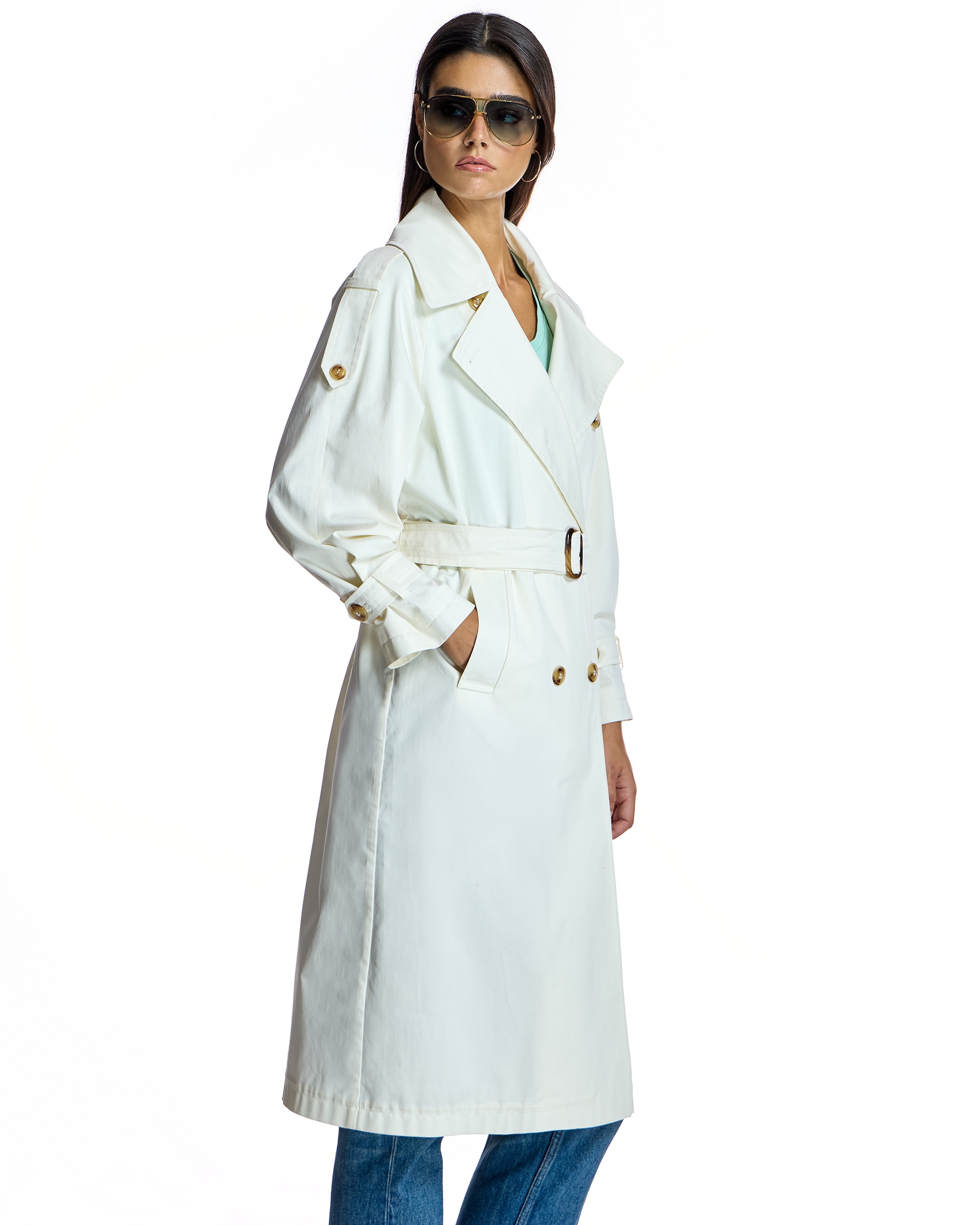 Trench com Gola Lapela e Botões Duplos Branco-2