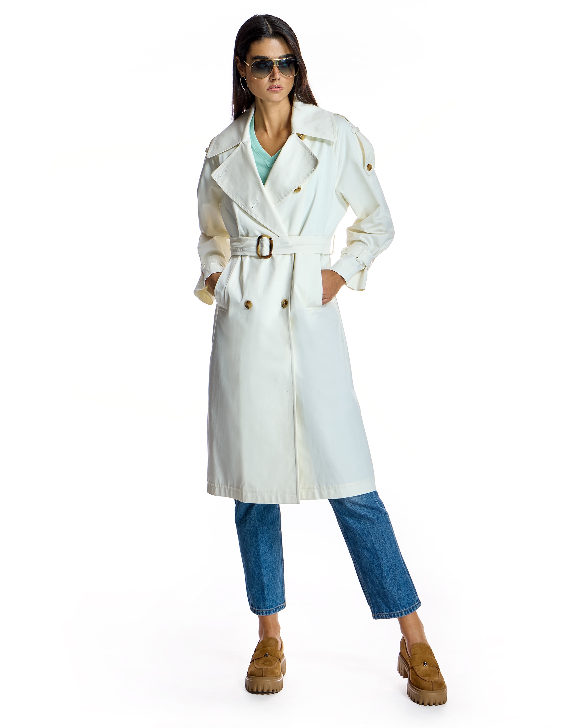 Trench com Gola Lapela e Botões Duplos Branco-4