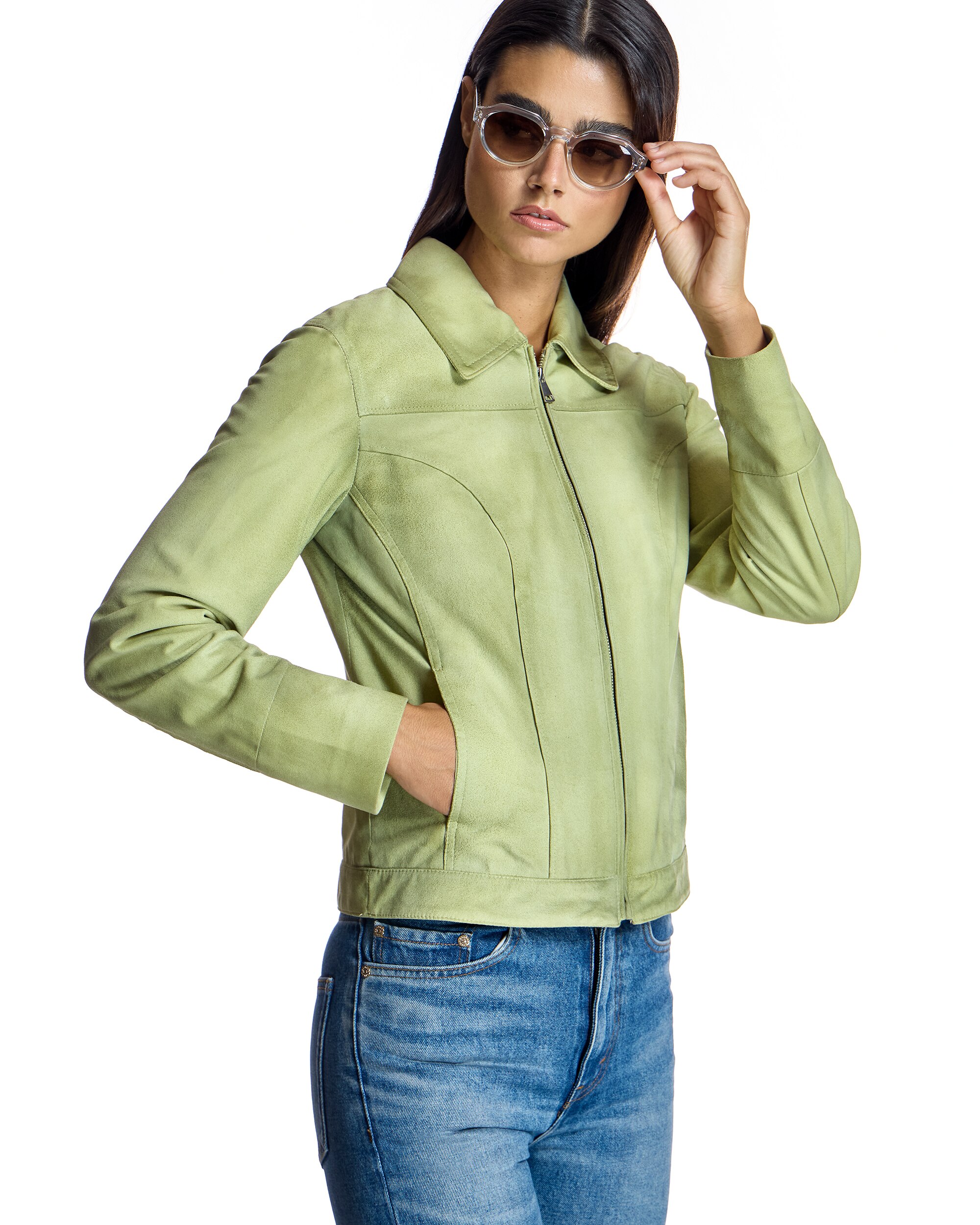 Blusão de Camurça com Gola Tipo Camisa e Fecho Zip Verde-claro-2