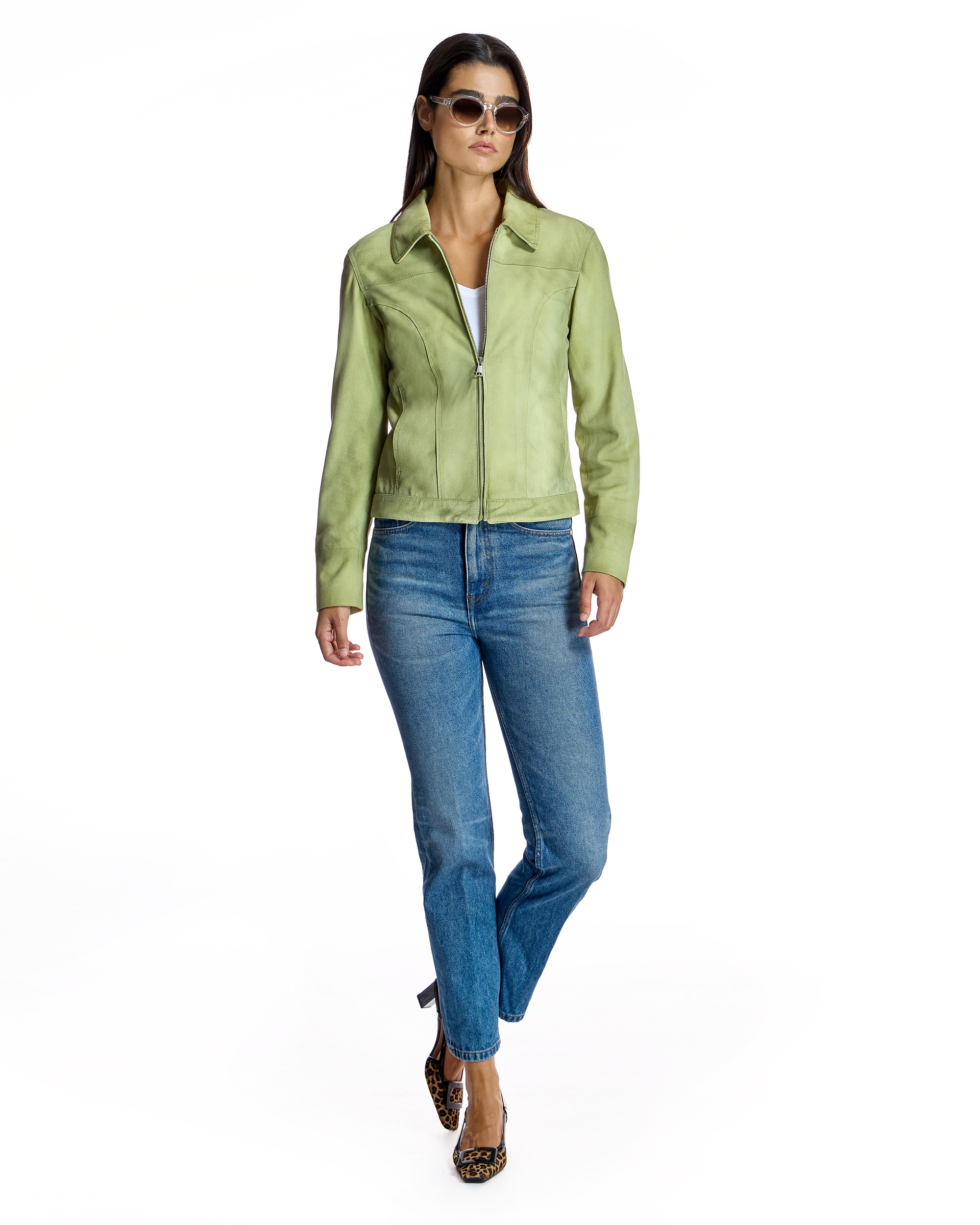 Blusão de Camurça com Gola Tipo Camisa e Fecho Zip Verde-claro-4
