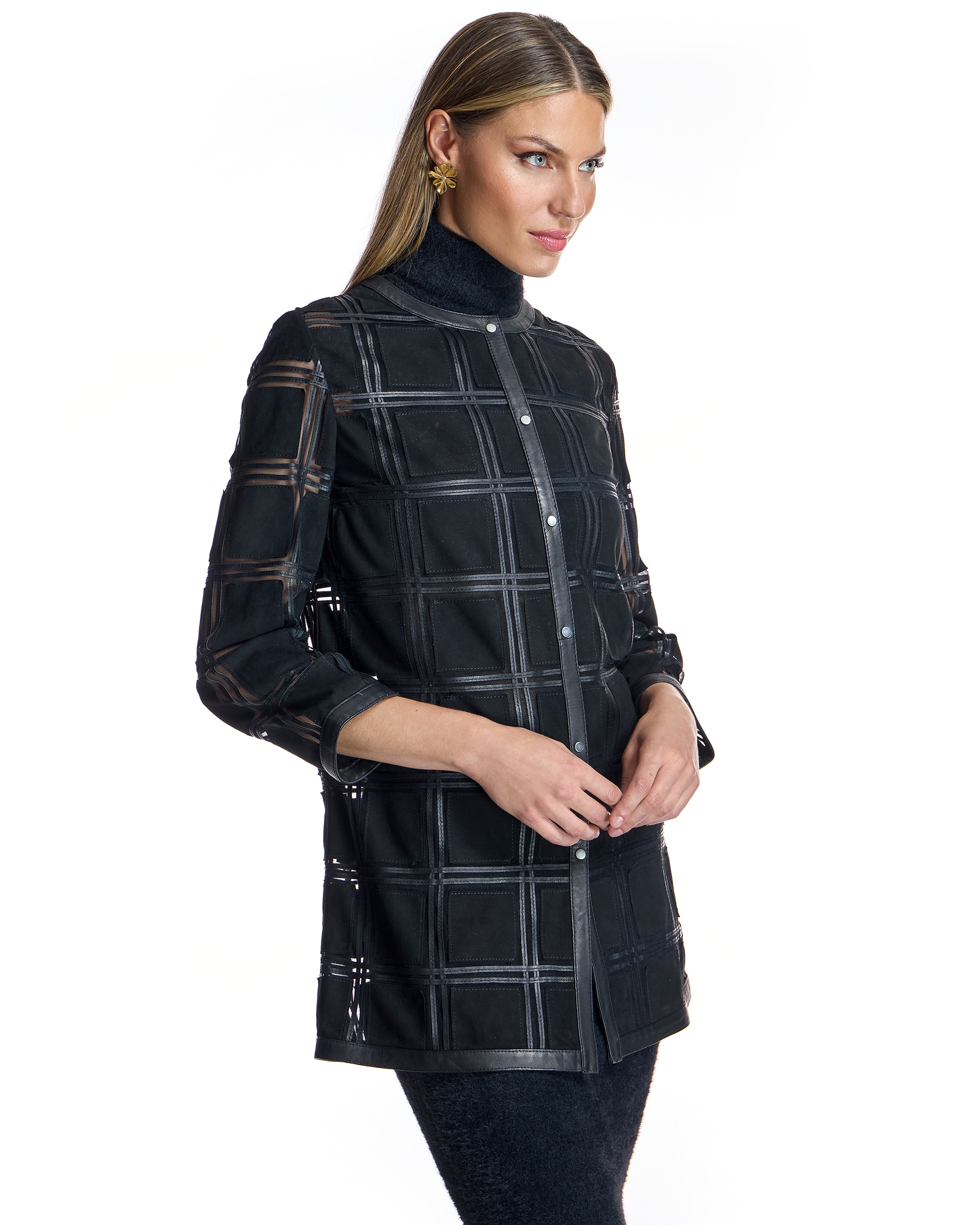 Sobrecamisa com Transparências de Camurça e Couro Preto-2