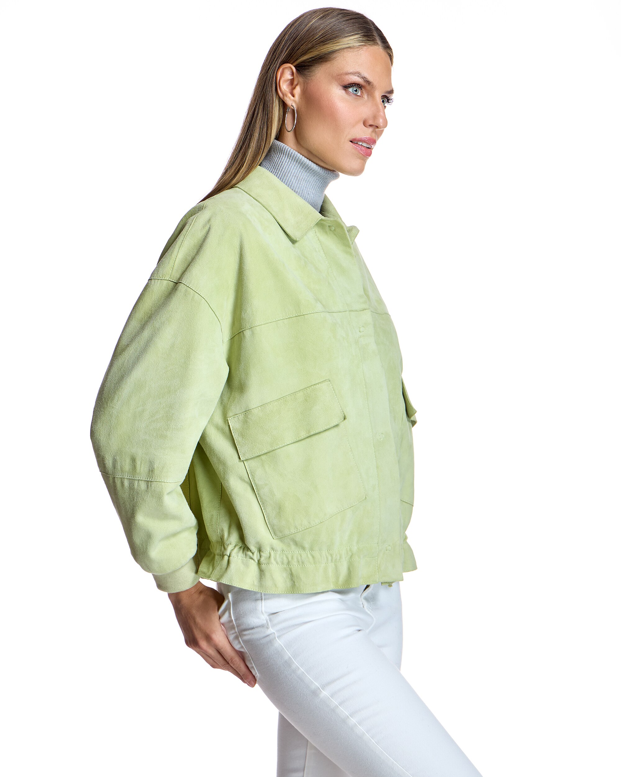 Blusão de Camurça com Gola Tipo Camisa e Bolsos com Aba Verde-claro-2
