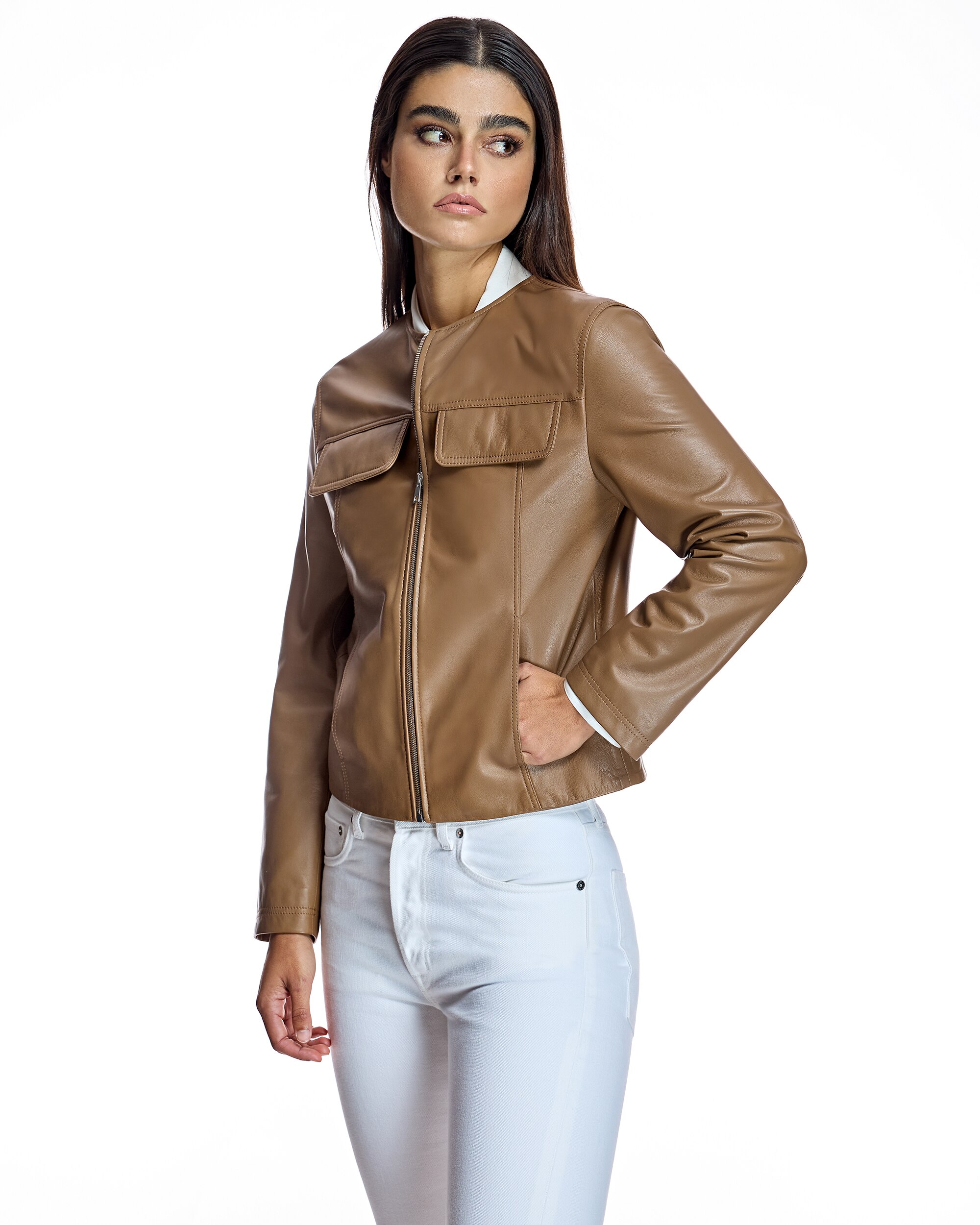 Blusão de Pele com Bolsos com Aba Castanho-2