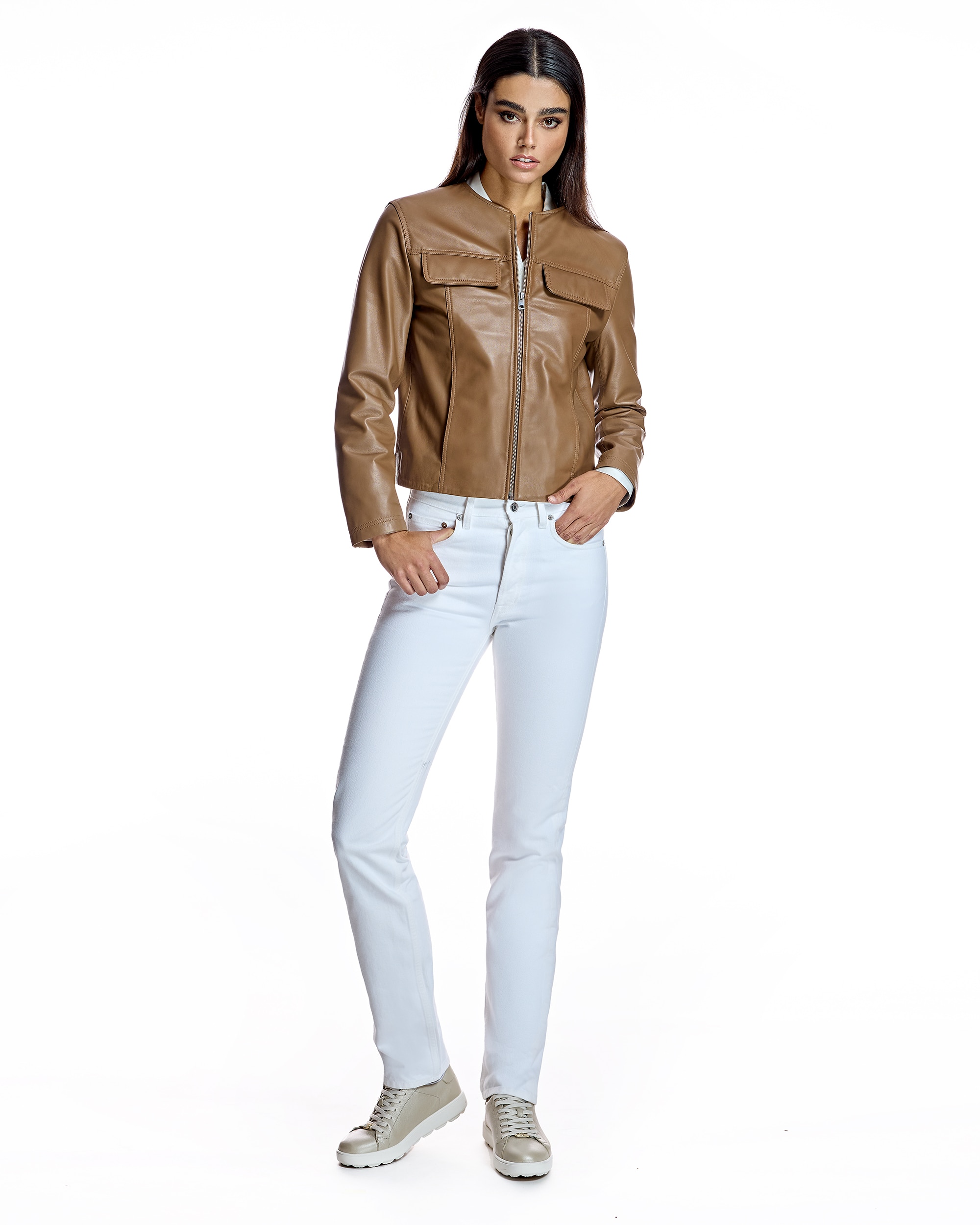 Blusão de Pele com Bolsos com Aba Castanho-4