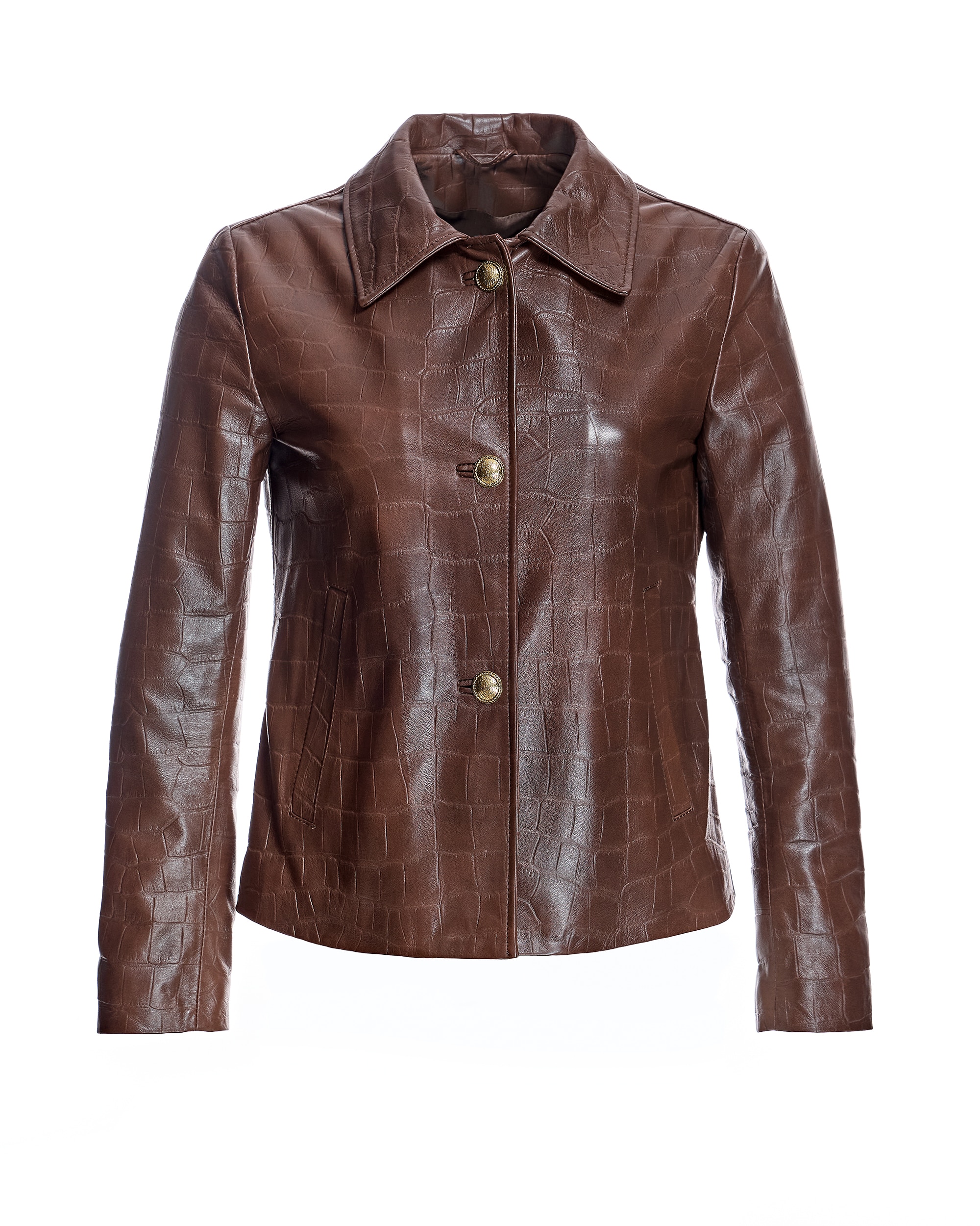 Blusão de Pele Gravado com Gola Tipo Camisa Castanho-5