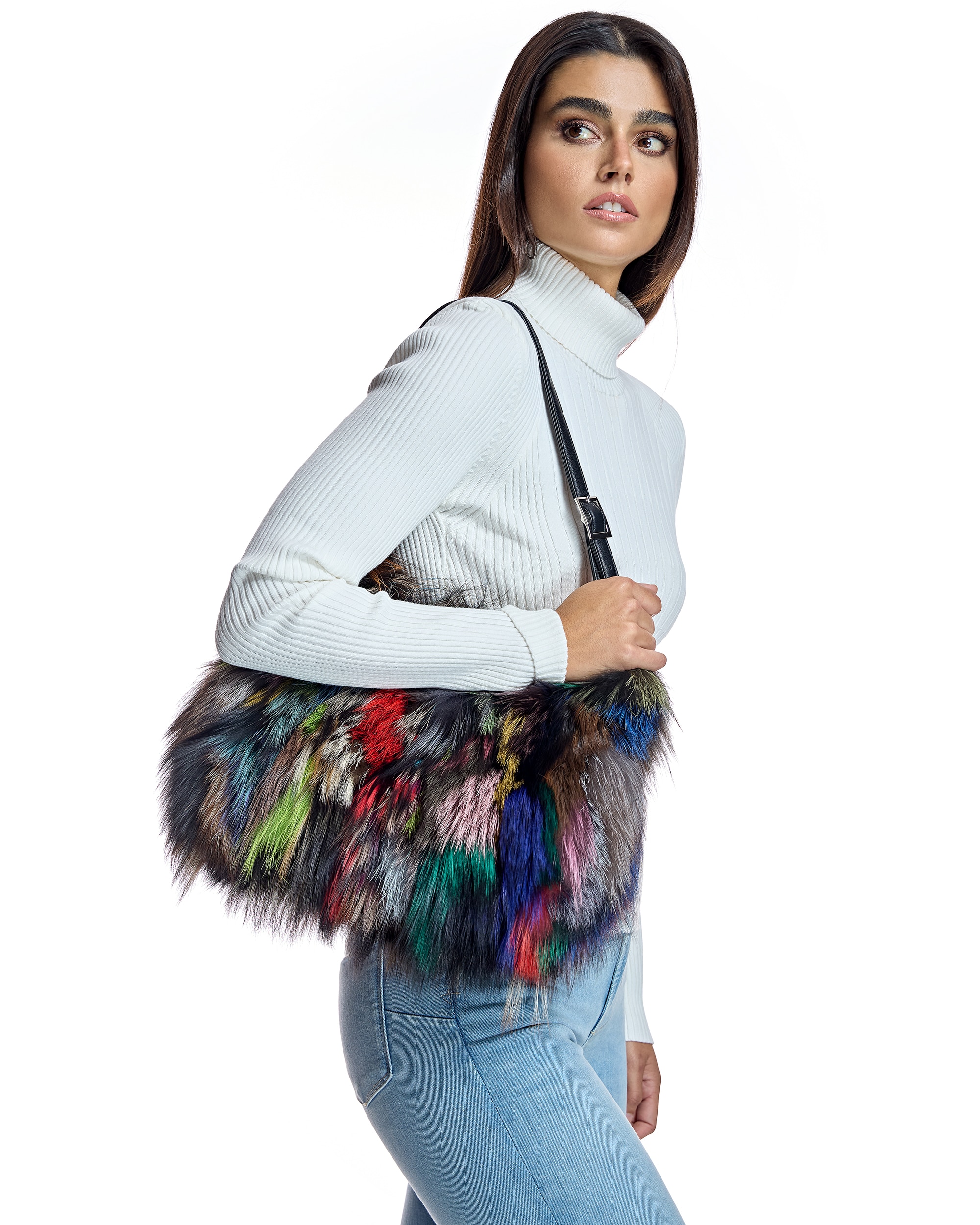 Mala de Ombro em Pelo de Raposa Multicolor-3