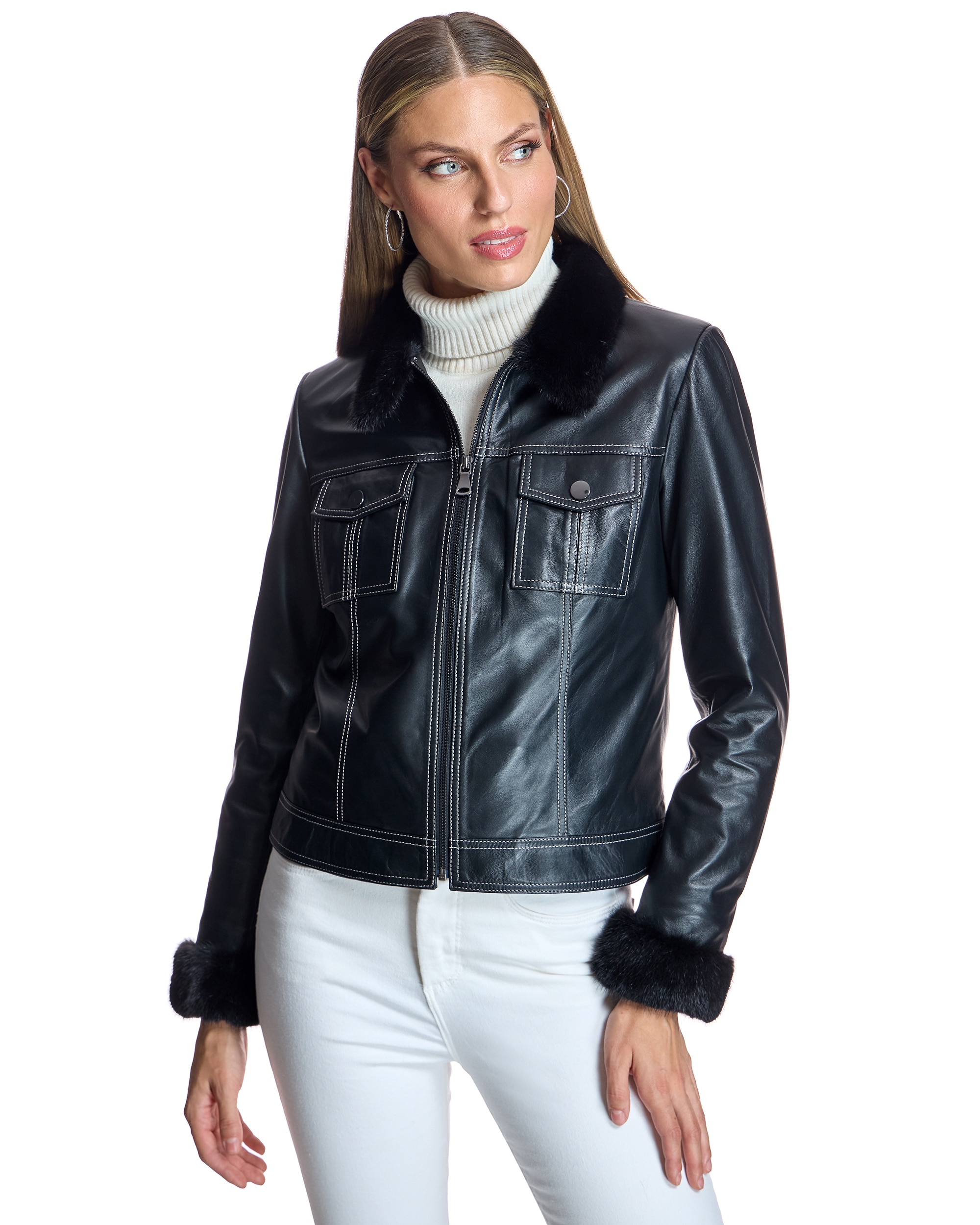 Blusão de Pele com Gola e Punhos de Vison Azul-marinho-1