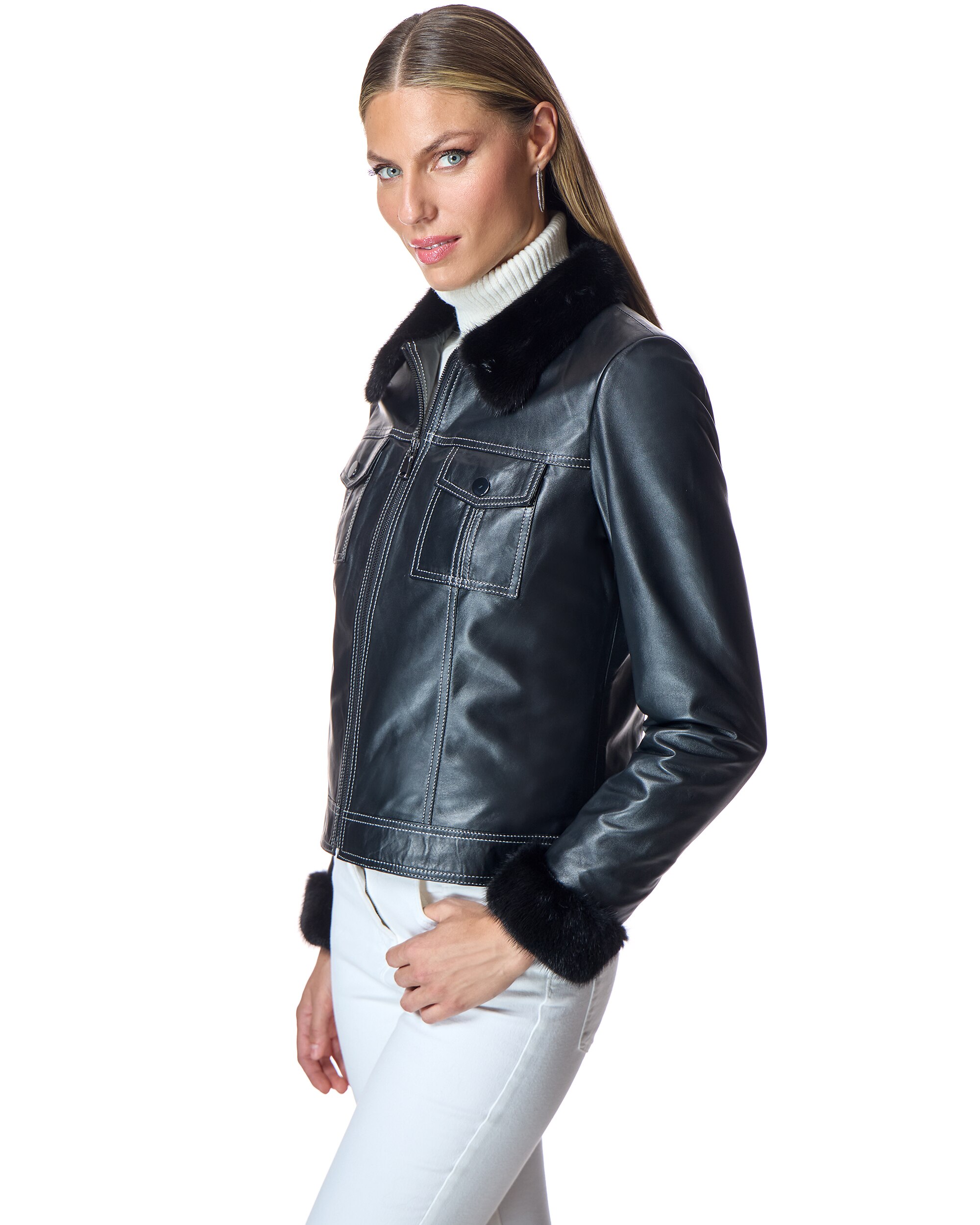 Blusão de Pele com Gola e Punhos de Vison Azul-marinho-2