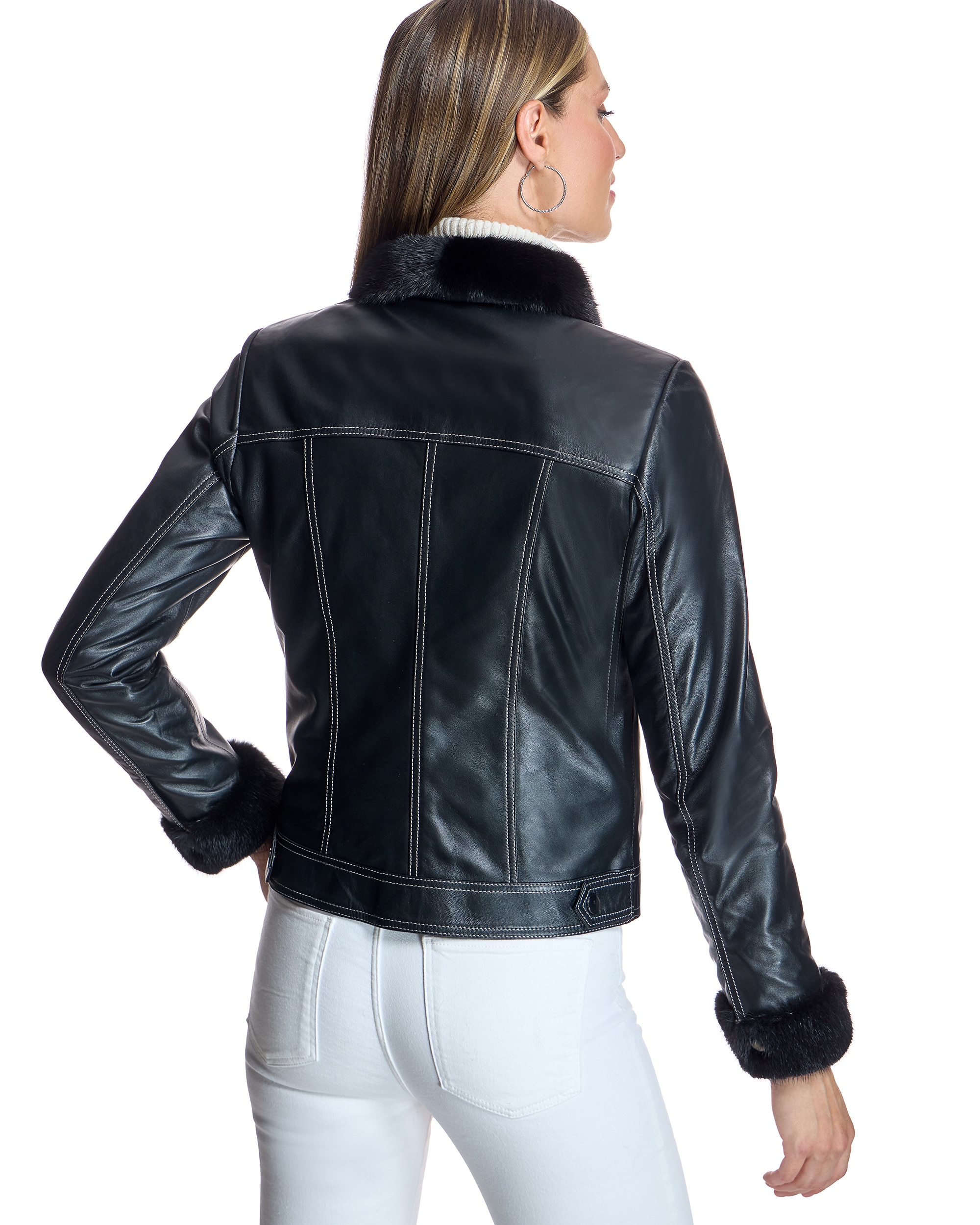 Blusão de Pele com Gola e Punhos de Vison Azul-marinho-3