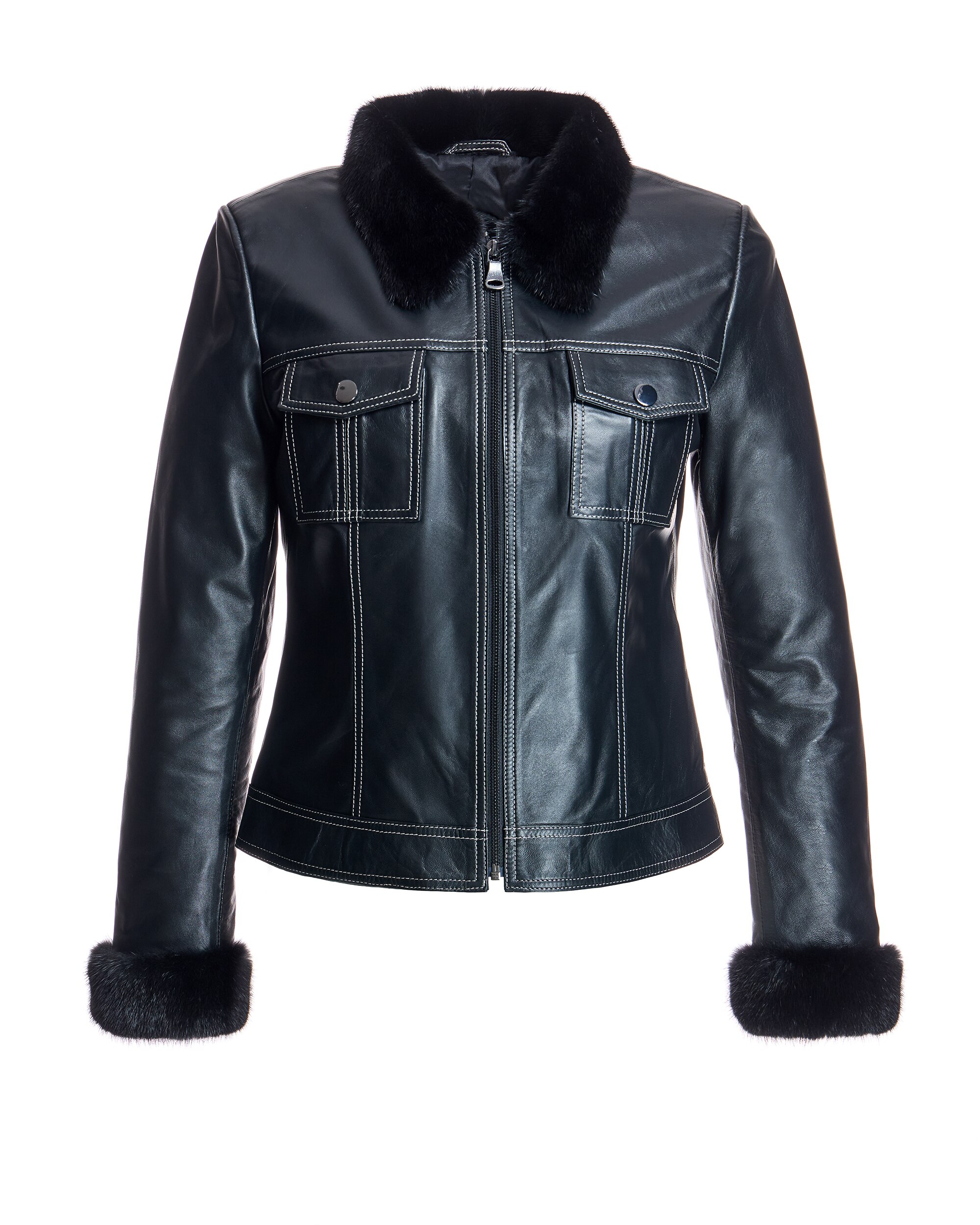 Blusão de Pele com Gola e Punhos de Vison Azul-marinho-5