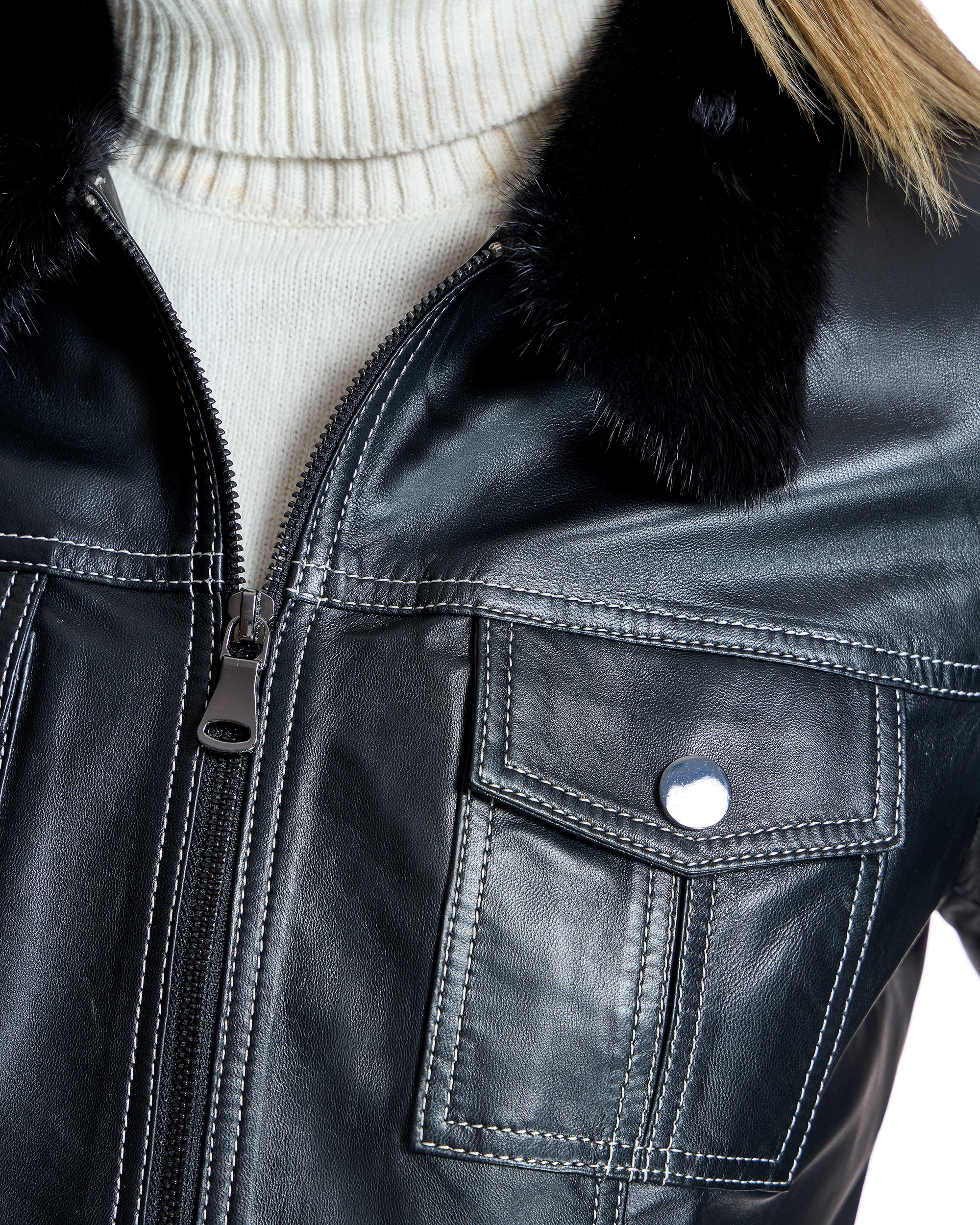 Blusão de Pele com Gola e Punhos de Vison Azul-marinho-6