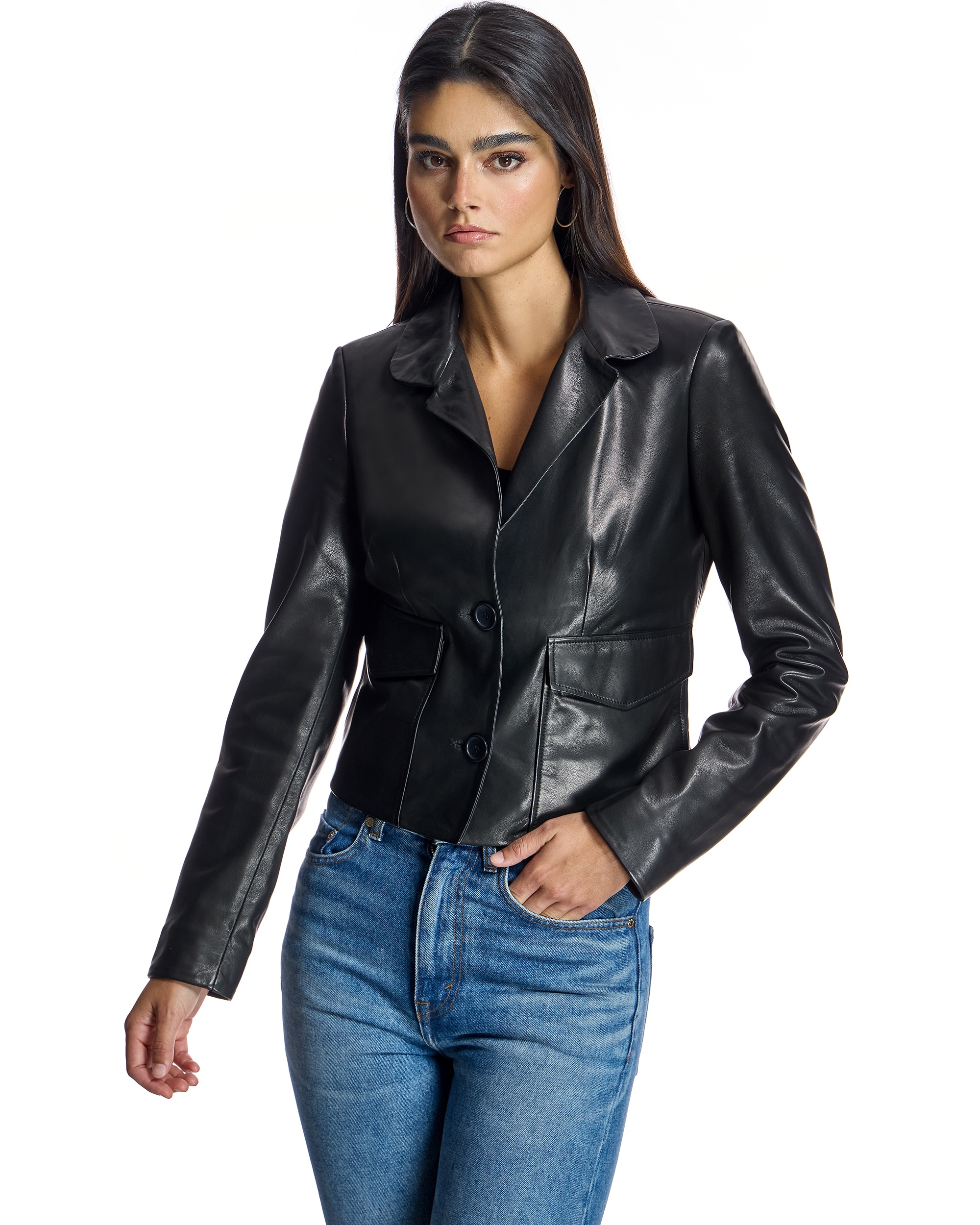 Blusão de Pele com Gola Lapela e Bolsos Preto-1