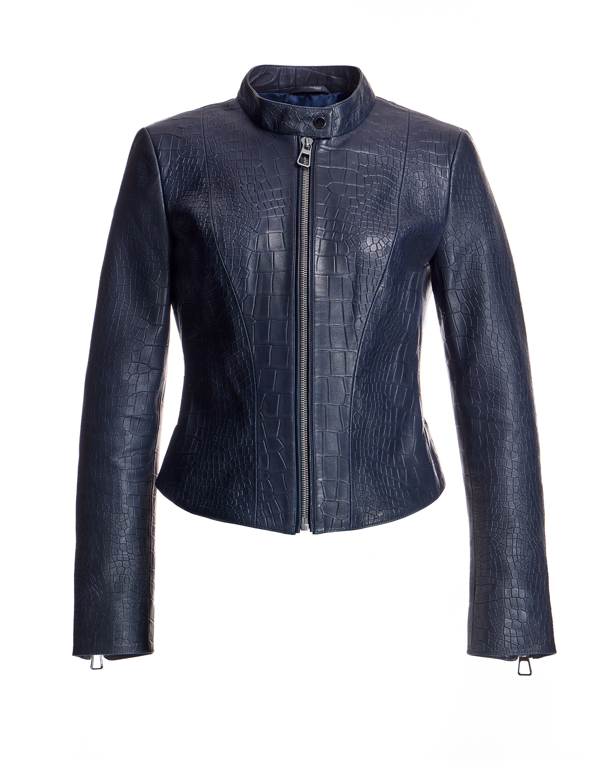 Blusão de Pele Gravado com Gola Tira e Fecho Zip Azul-marinho-5