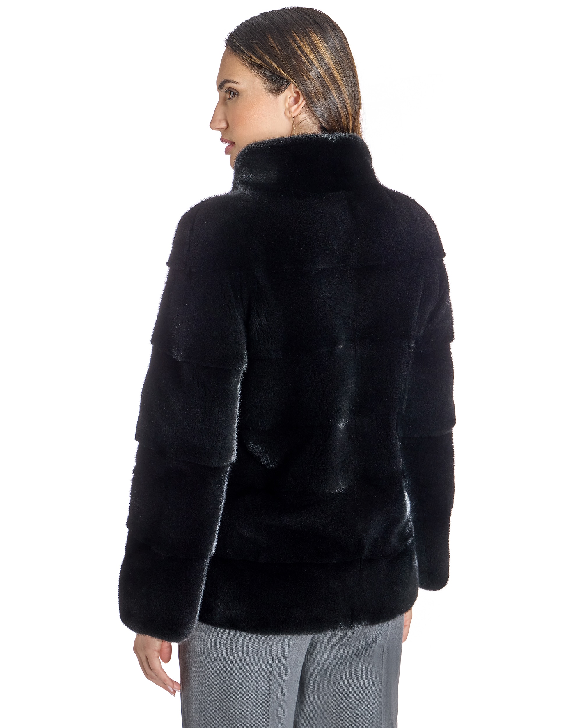 Casaco em Pelo de Vison Horizontal com Gola Alta e Fecho Zip Preto-3
