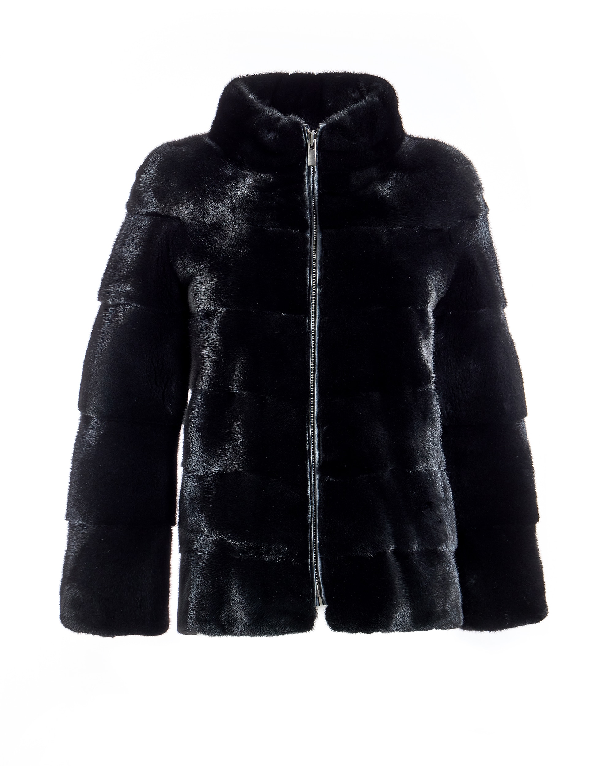 Casaco em Pelo de Vison Horizontal com Gola Alta e Fecho Zip Preto-5