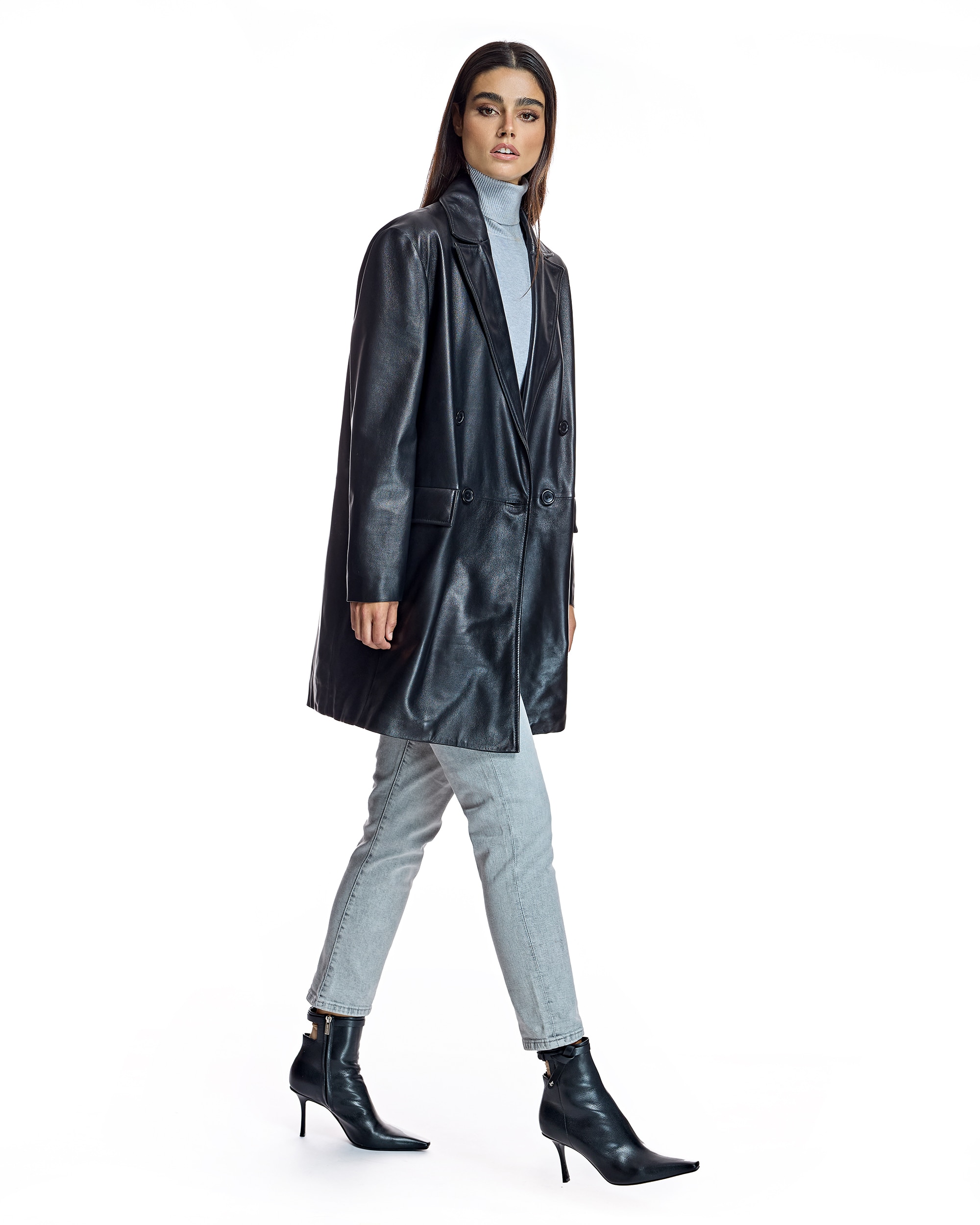 Sobretudo de Pele Oversize com Bolsos Flap Preto-4