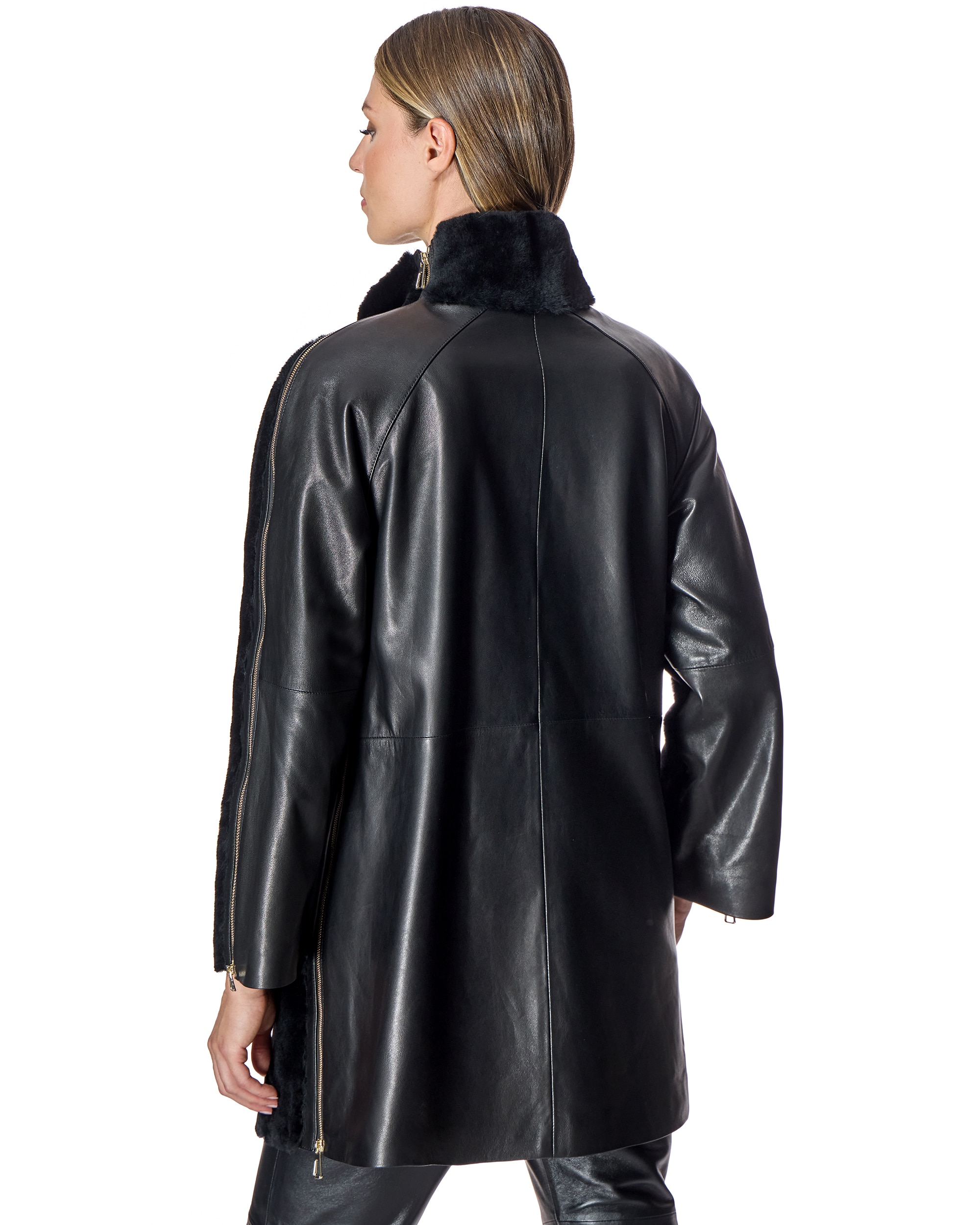 Camisola de Cordeiro com Costas em Couro e Fechos de Correr Verticais Preto-3