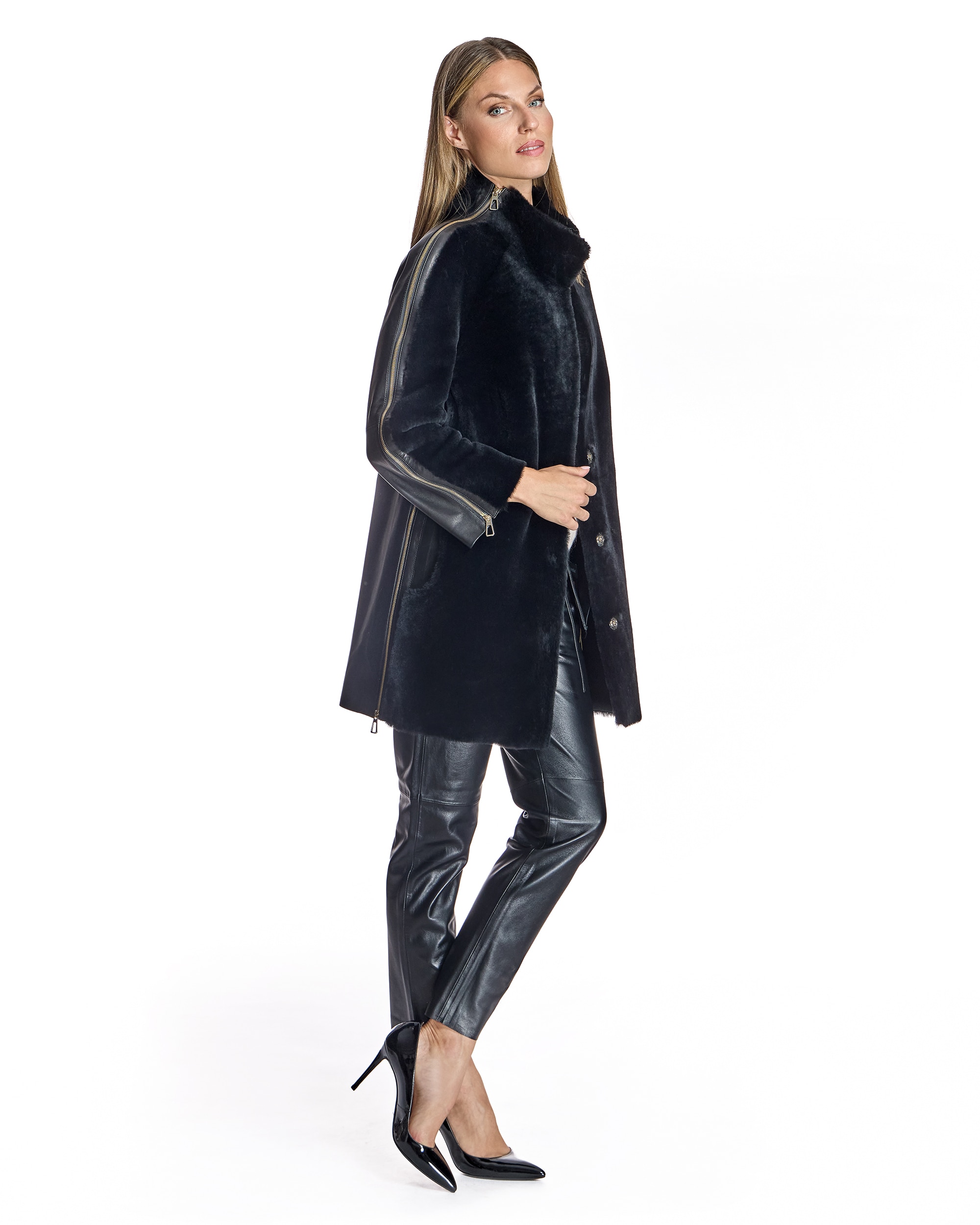 Camisola de Cordeiro com Costas em Couro e Fechos de Correr Verticais Preto-4