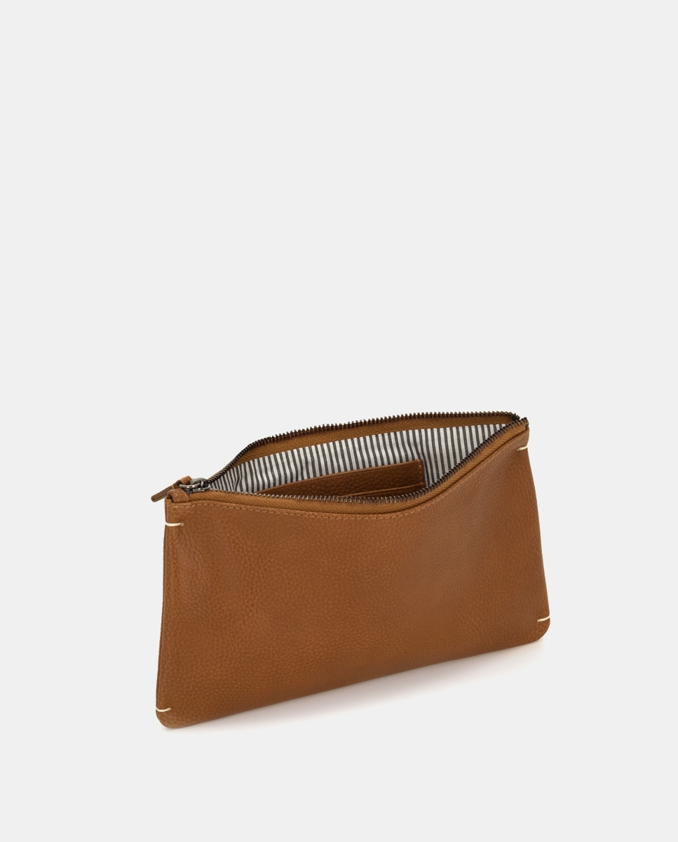Carteira de Viagem Grande de Pele com Fecho Zip Castanho-claro-4