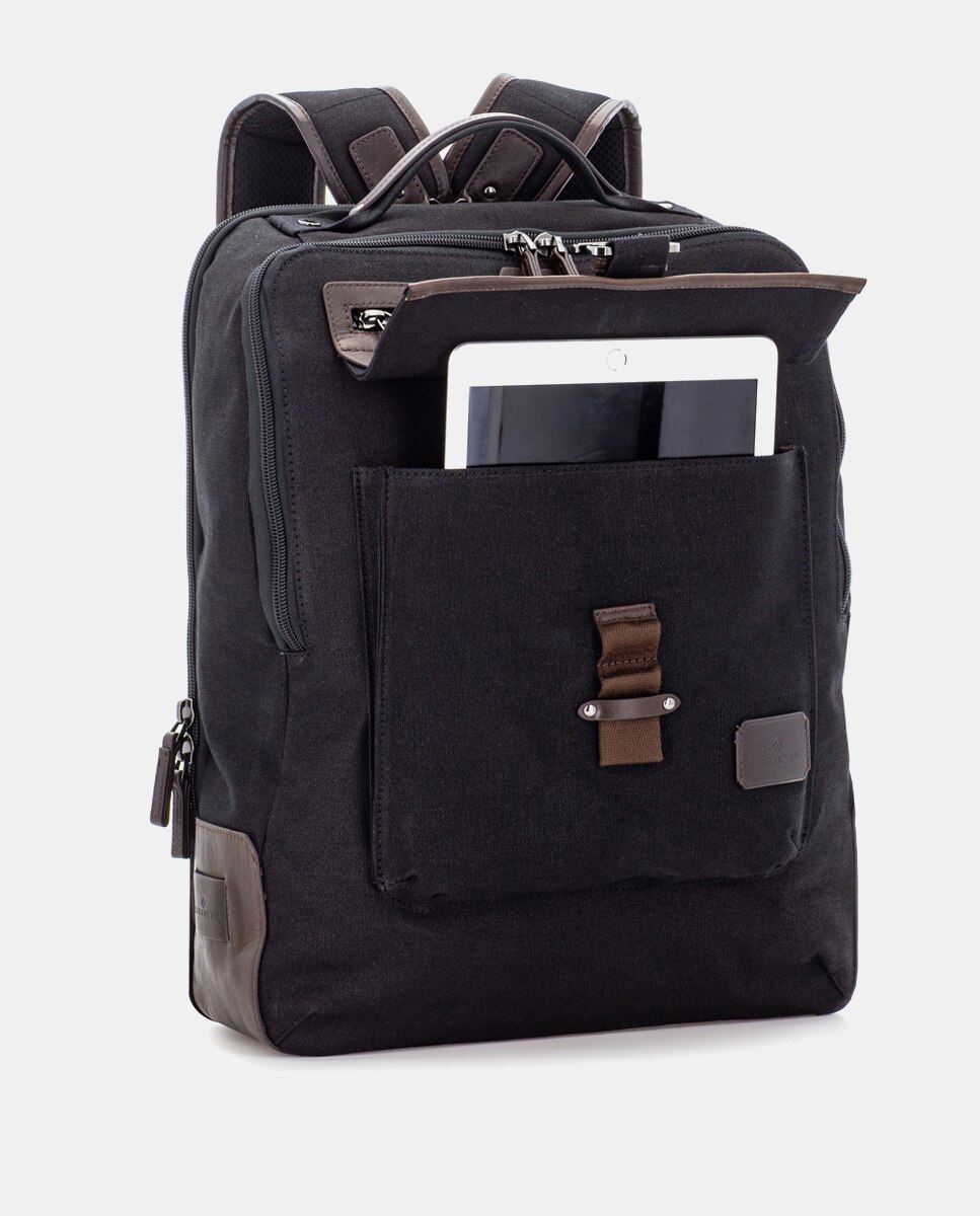 Mochila de Algodão e Detalhes em Pele Preto-3