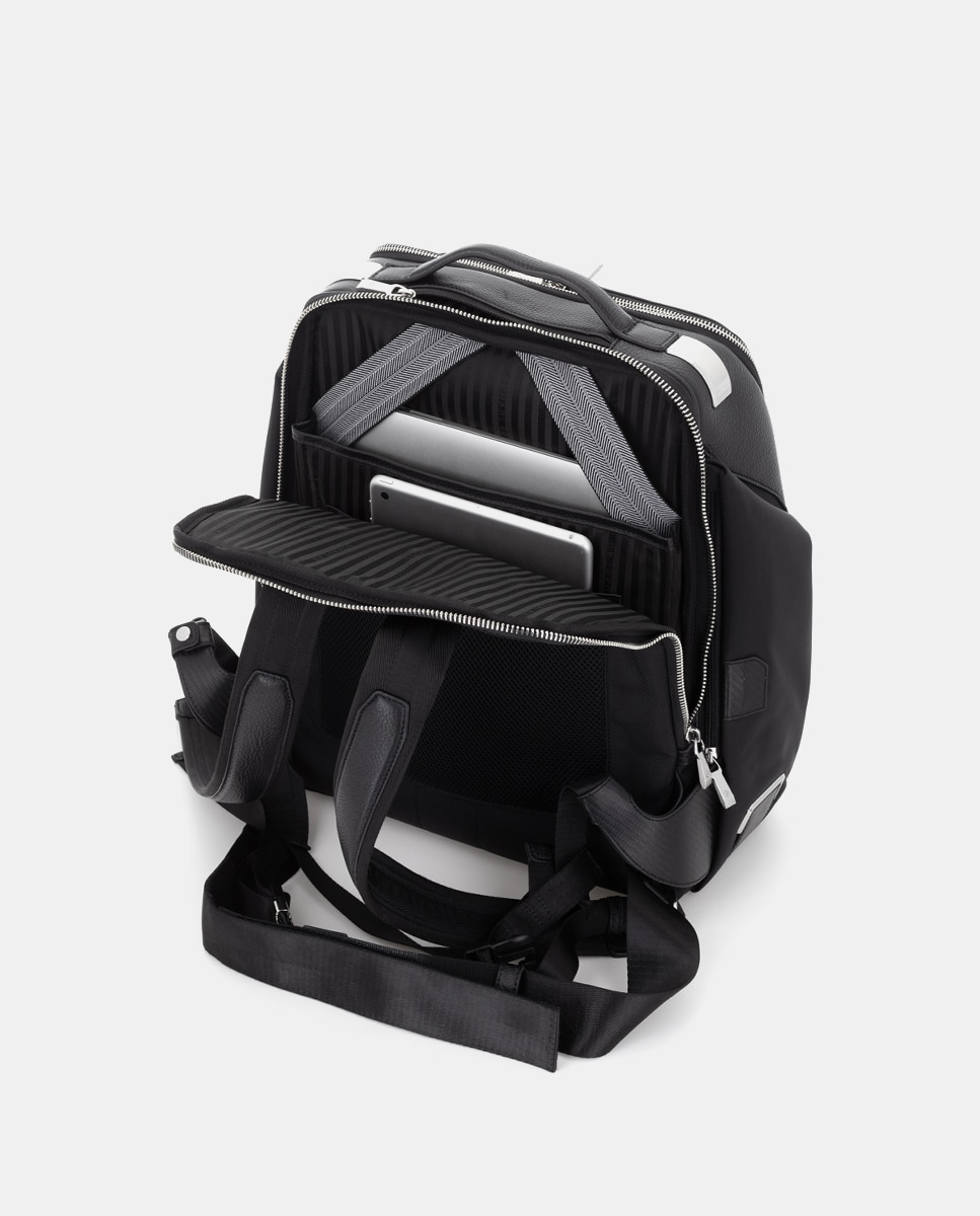 Mochila Grande de Nylon Balístico e Pele Preto-3