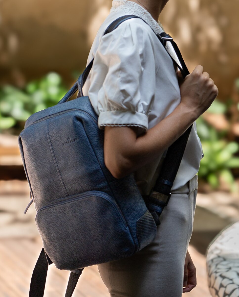 Mochila de Pele Pequena para Computador Portátil Azul-6