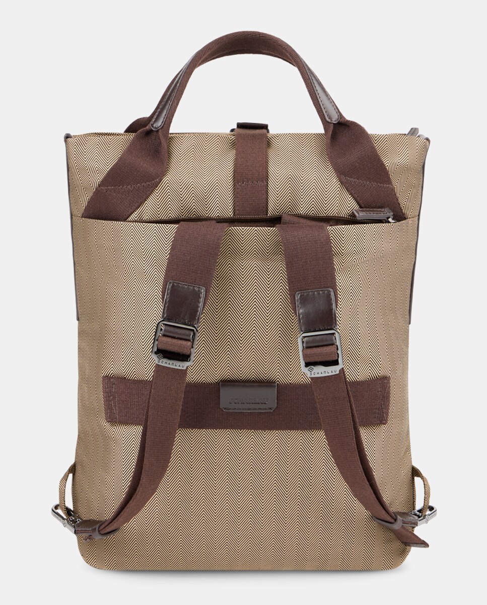 Mochila com Bolso para Computador Portátil com Detalhes em Pele Bege-3