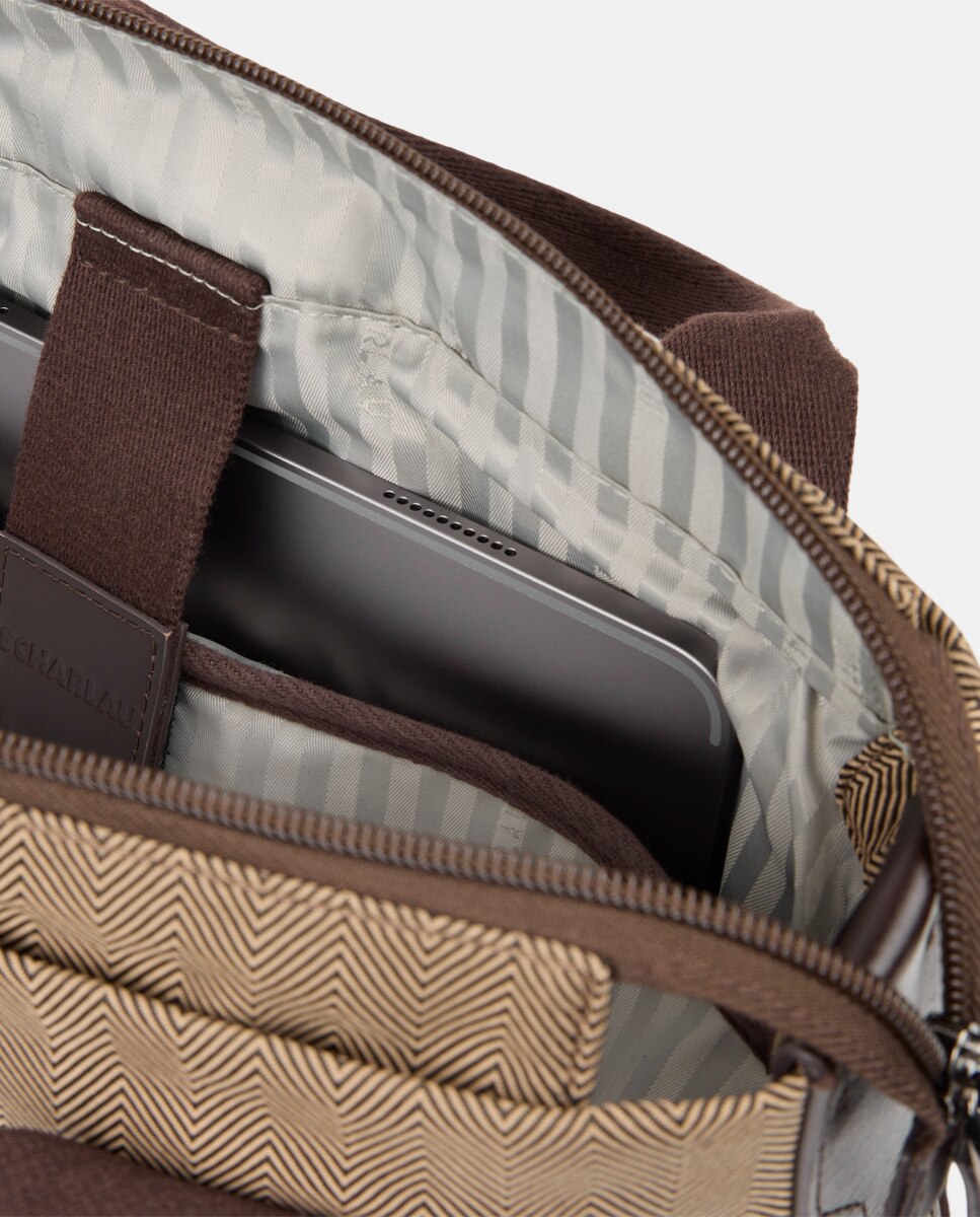 Mochila com Bolso para Computador Portátil com Detalhes em Pele Bege-4