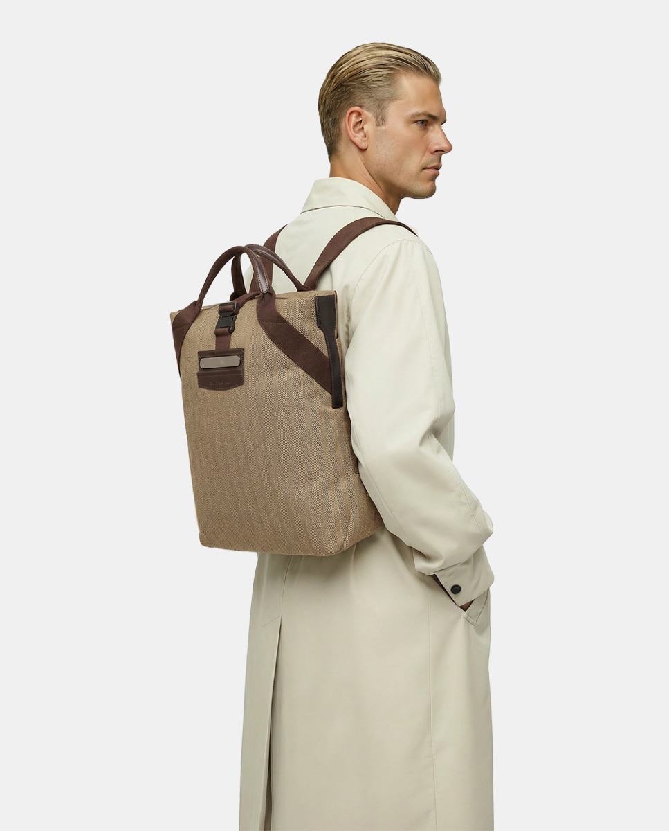 Mochila com Bolso para Computador Portátil com Detalhes em Pele Bege-5