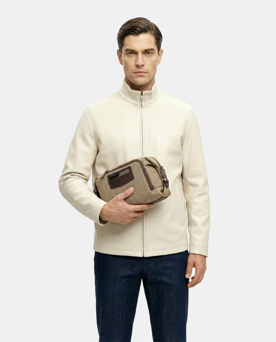 Necessaire com Forro Impermeável com Detalhes em Pele Bege-3