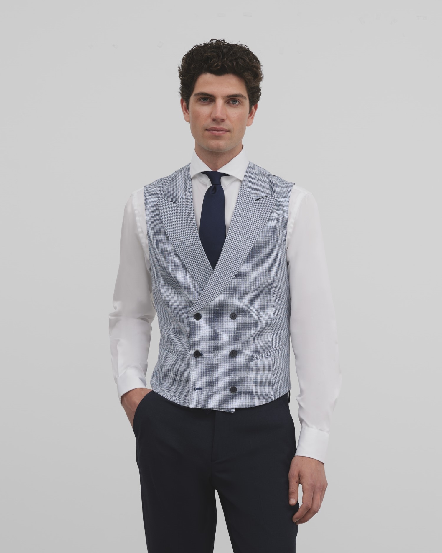 Colete de Fato Cerimónia Classic em Pied-de-poule Azul Azul / Branco-1