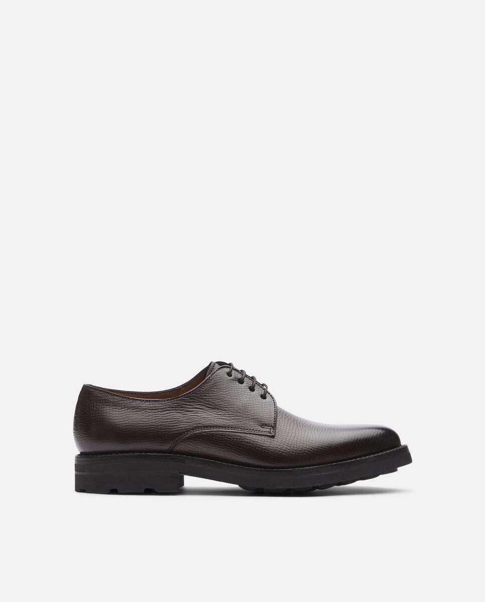 Sapatos Derby em Pele com Gravação em Relevo - Castanho Castanho-1