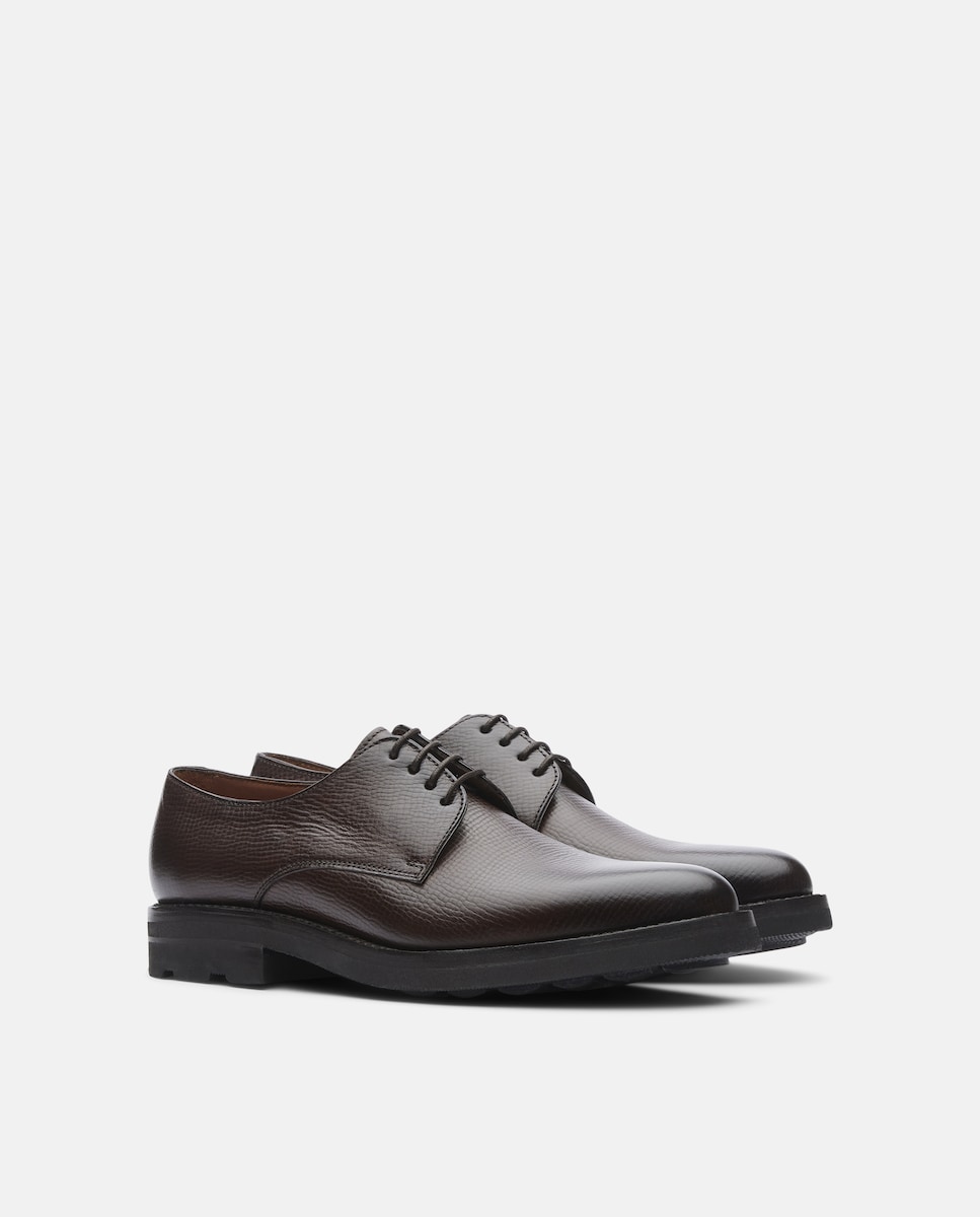 Sapatos Derby em Pele com Gravação em Relevo - Castanho Castanho-2