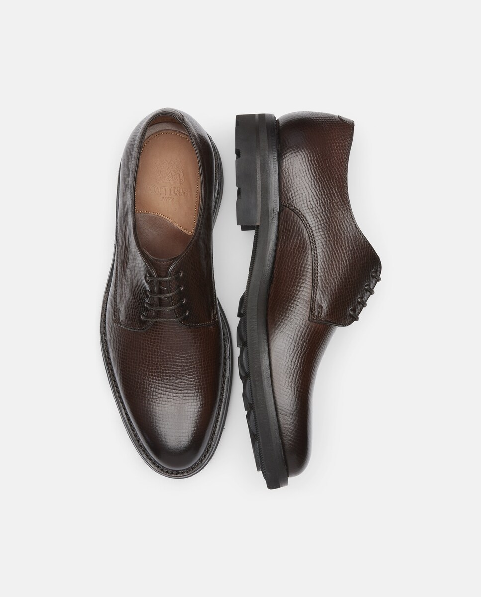 Sapatos Derby em Pele com Gravação em Relevo - Castanho Castanho-6