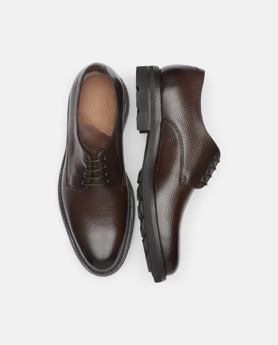 Sapatos Derby em Pele com Gravação em Relevo - Castanho Castanho-6
