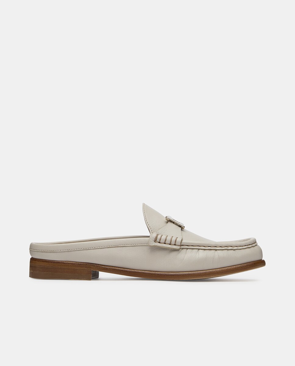 Mocassins com Travessão Lara de Pele com Calcanhar Aberto Branco-1