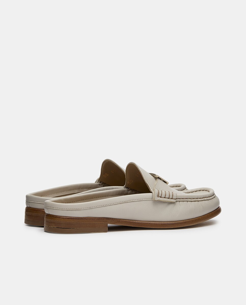 Mocassins com Travessão Lara de Pele com Calcanhar Aberto Branco-3
