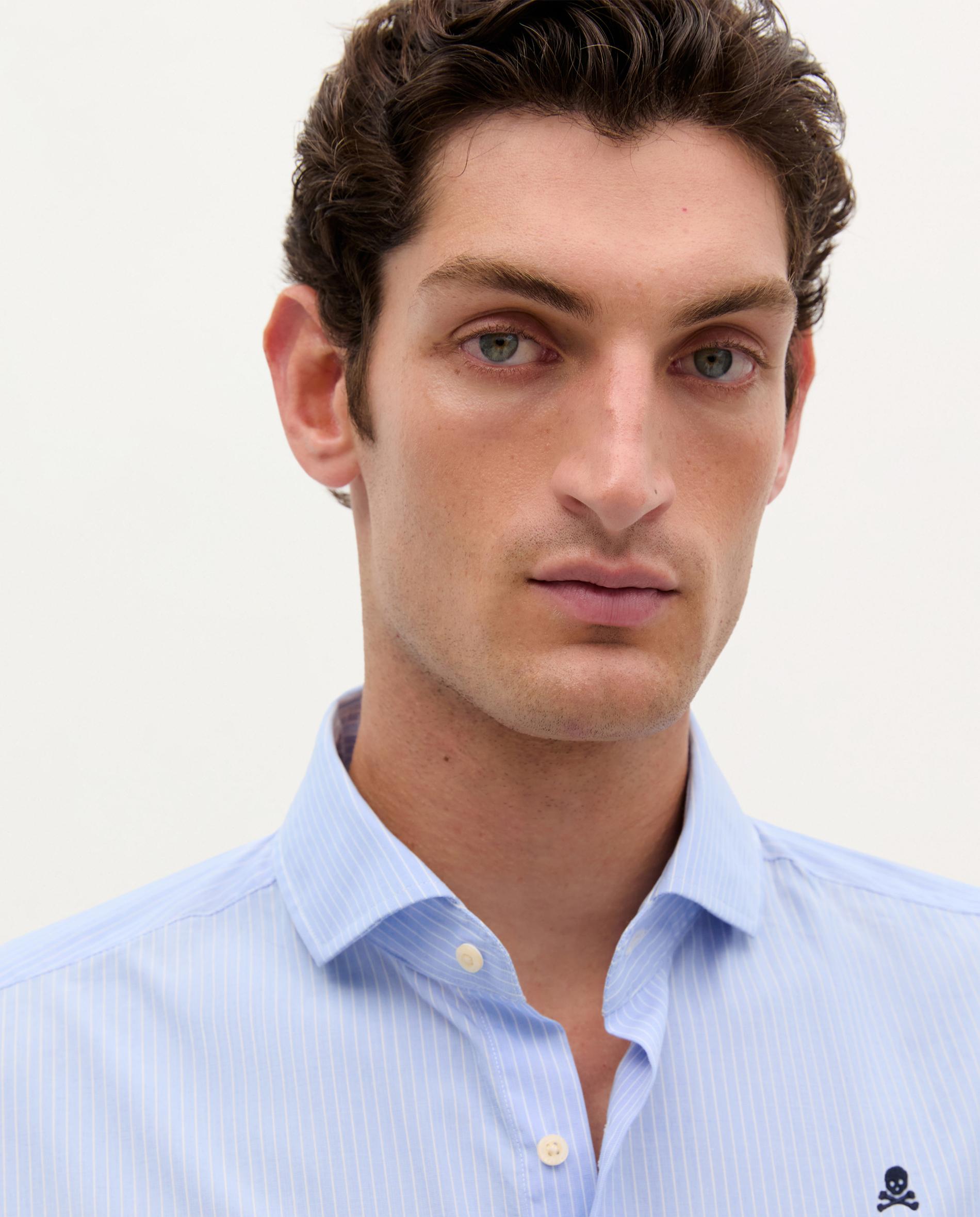 Camisa de Algodão Às Riscas Azul-4