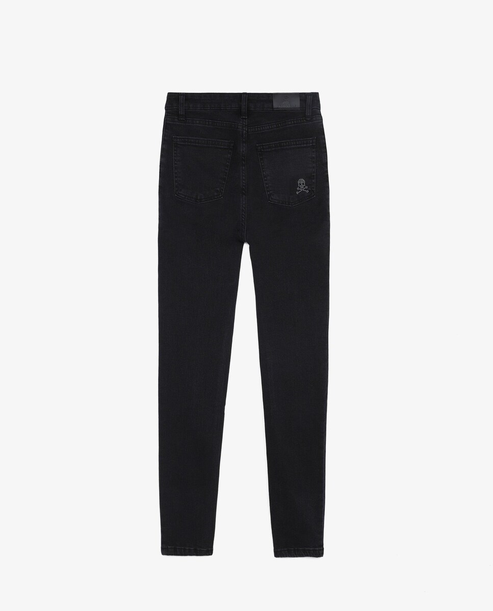 Jeans com Corte a Direito Liso com Detalhe de Tachas Preto-2