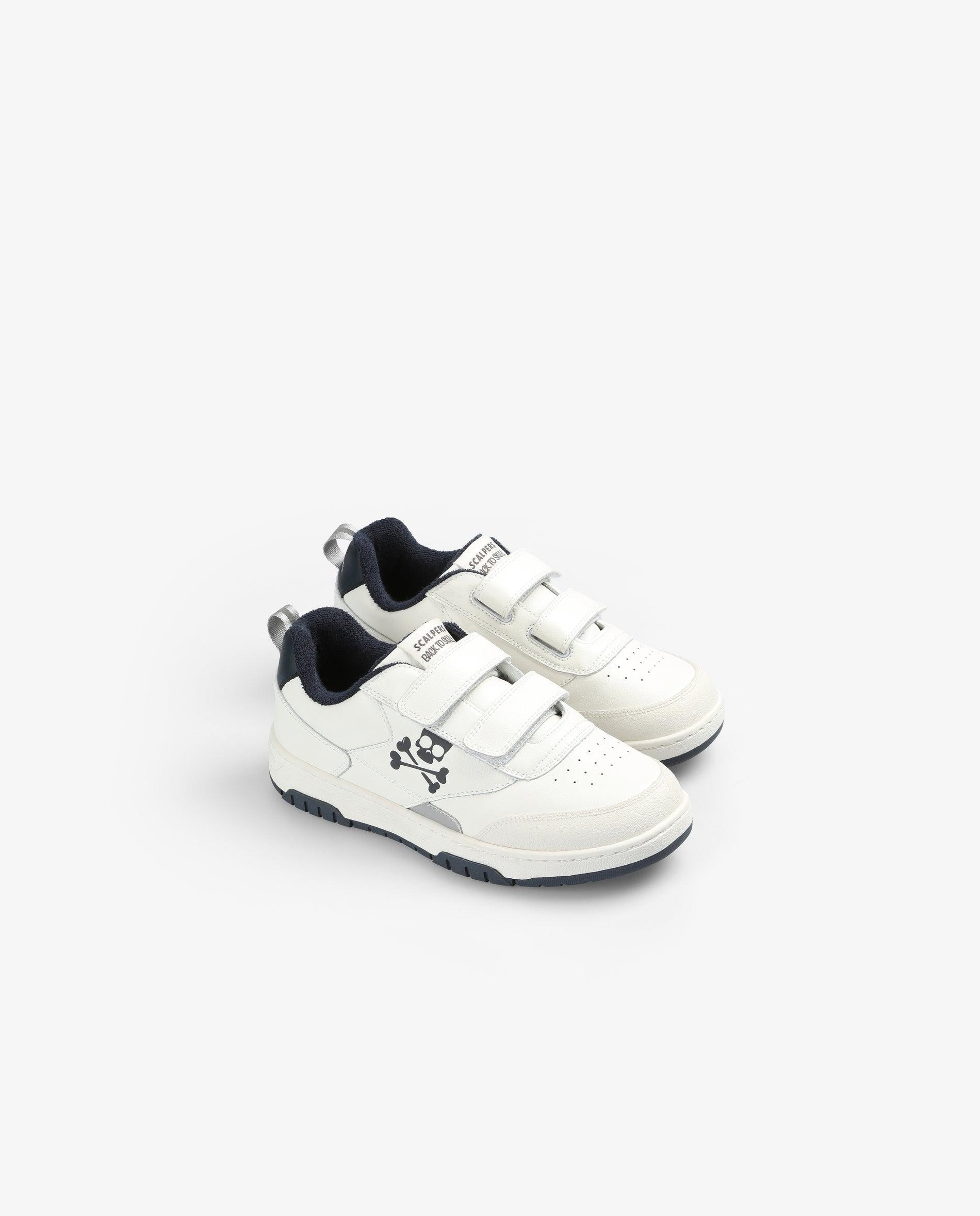 Sapatilhas de Pele Infantil com Velcro Duplo Azul/Branco-2