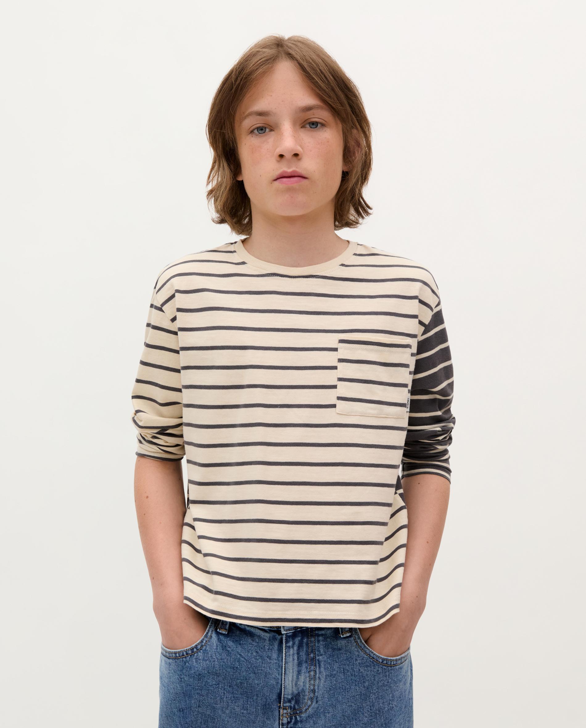 T-shirt Infantil de Algodão Às Riscas Bicolor Preto / Branco-1